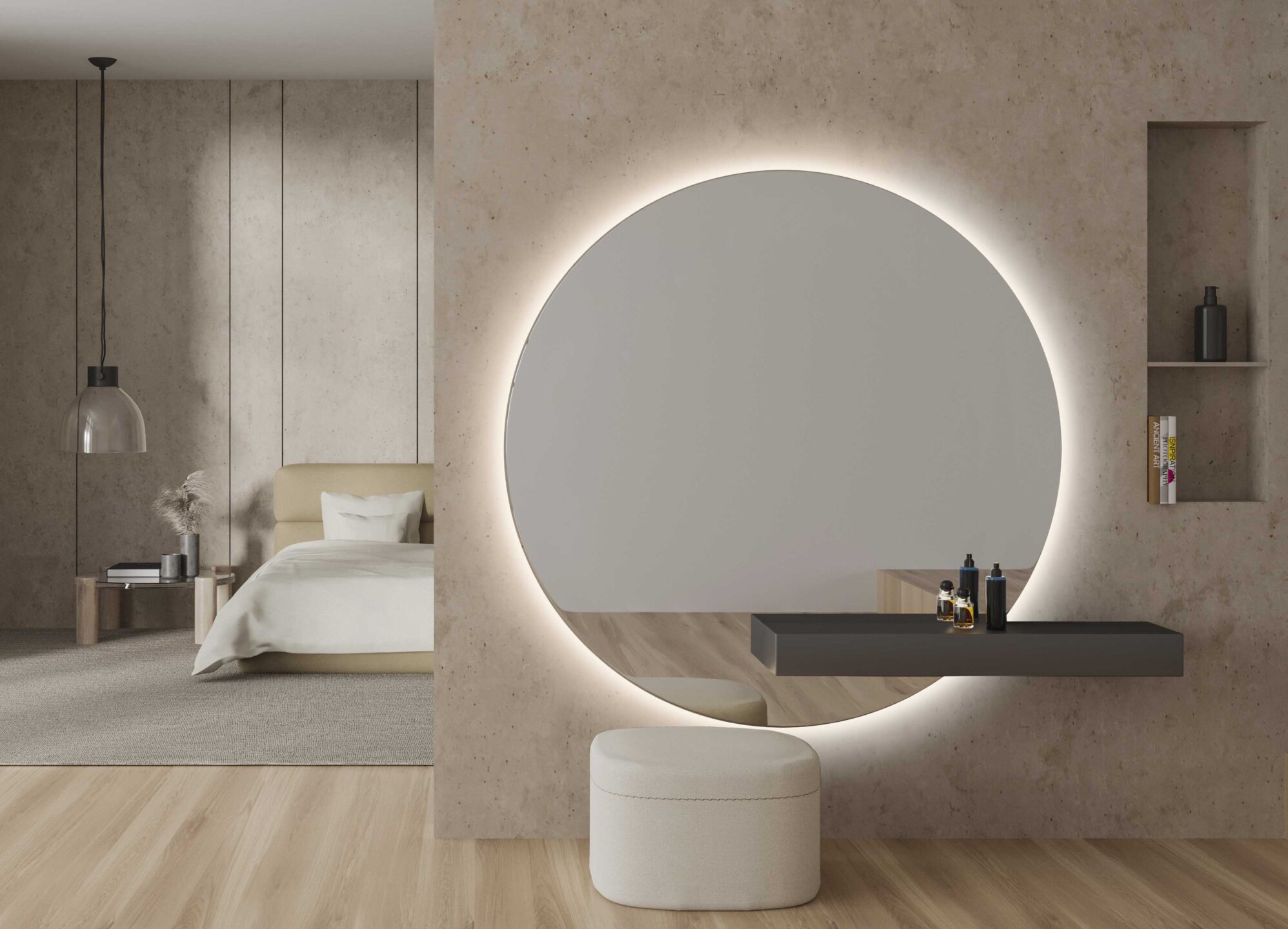 duze lustro okragle w holu w stylu japandi