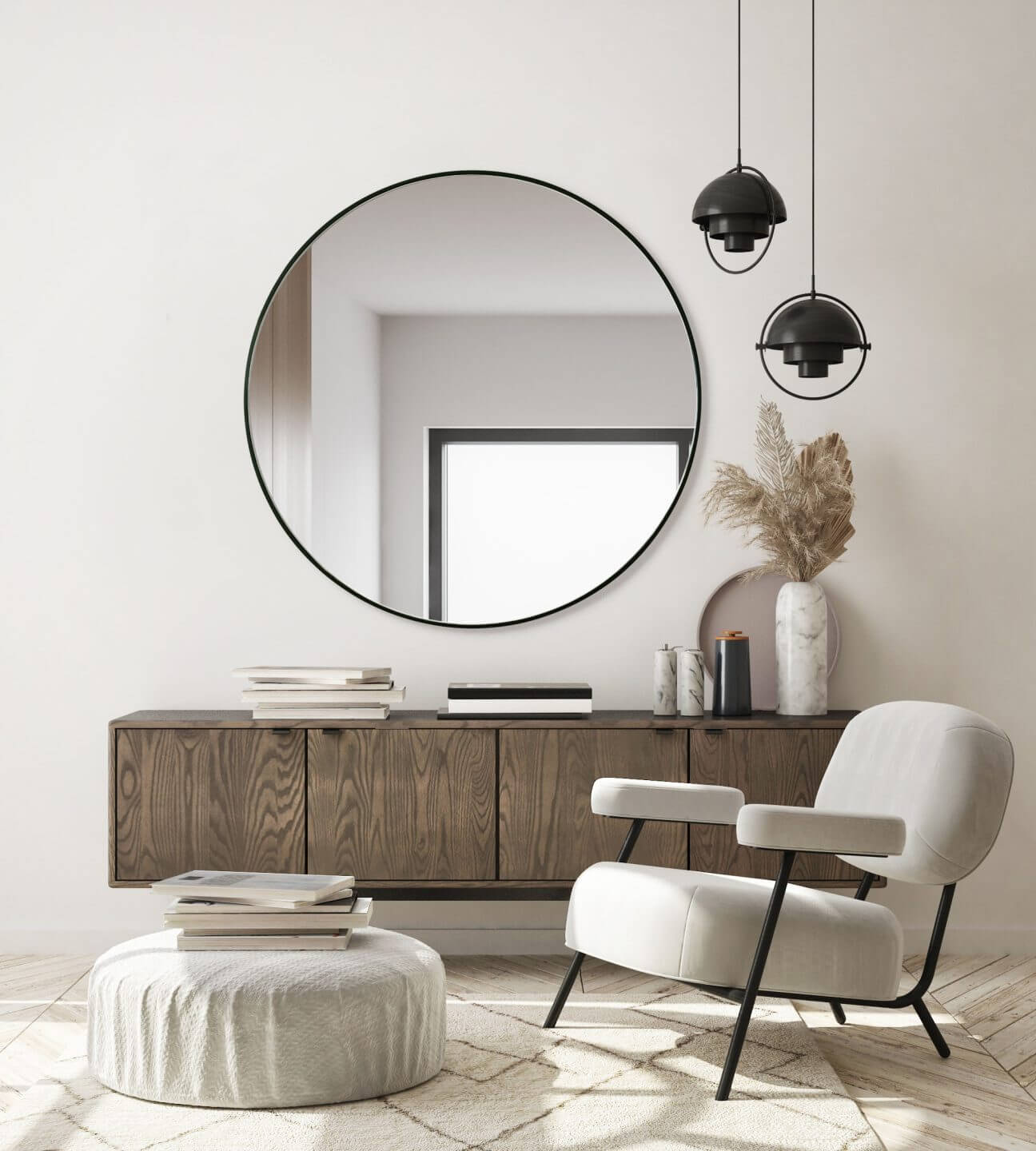 lustro okrągłe w czarnej wąskiej ramie