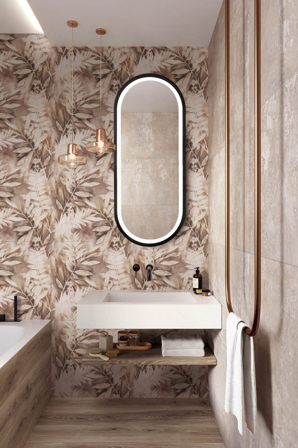 lustro owalne do makijazu w czarnej ramie w bordowej lazience na scianie w tapete w palmy