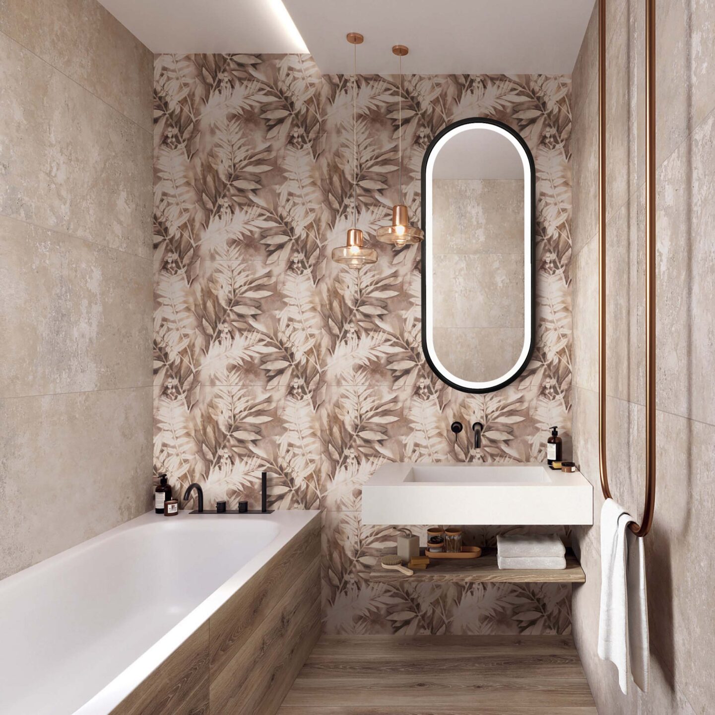 lustro owalne w czarnej ramie do makiajazu w retro lazience na scianie w tapecie w palmy