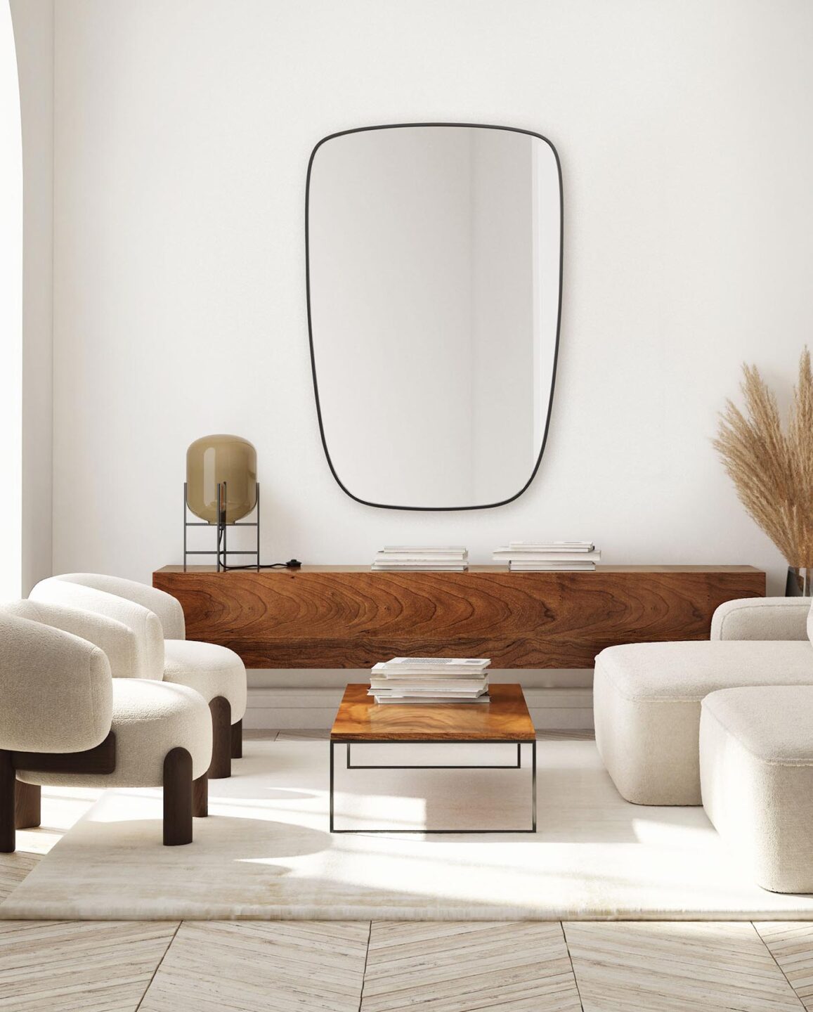 lustro Emblem w czarnej ramie w beżowym salonie nad komodą