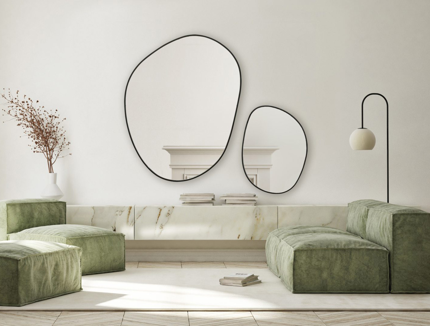 lustro tandem w czarnej ramie wiszące w salonie