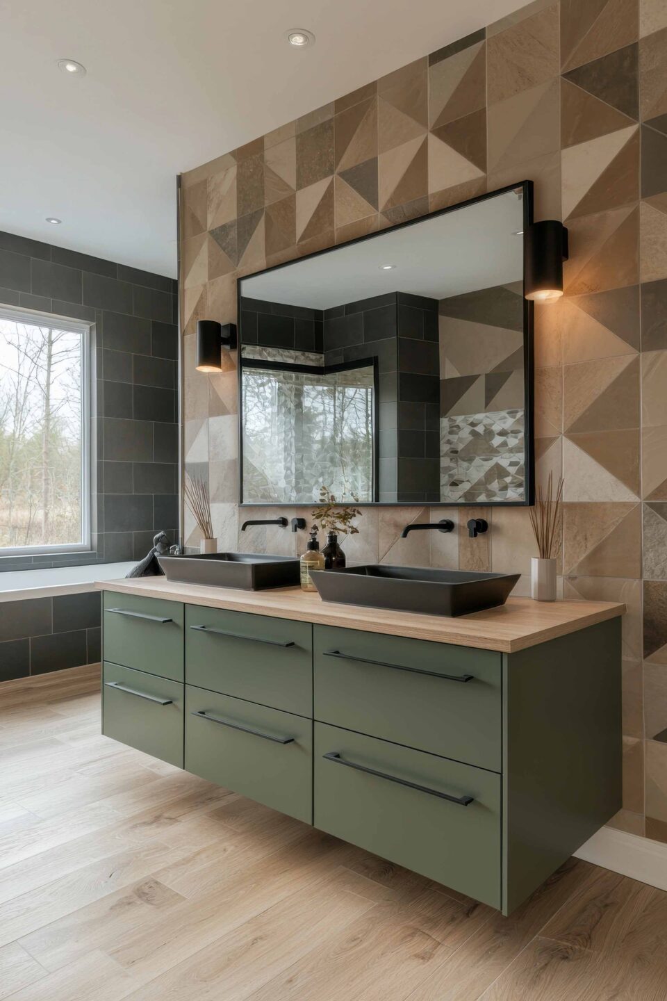 prostokatne lustro w czarnej waskiej ramie nad zieolona szafka z drewnianym blatem