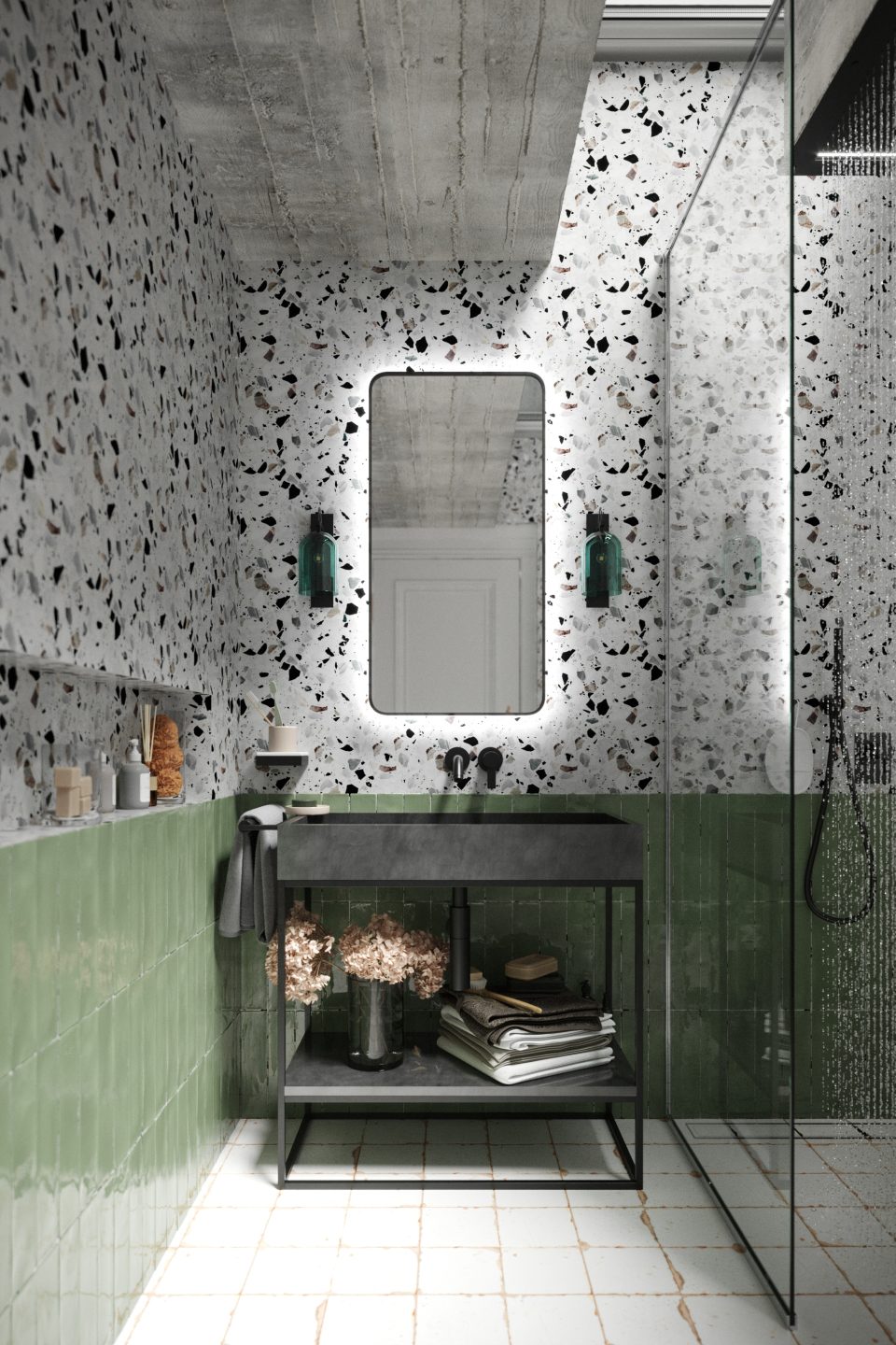 LUSTRO W CZARNEJ RAMIE Z ZAOKRĄGLONYMI NAROŻNIKAMI PODŚWIETLANE