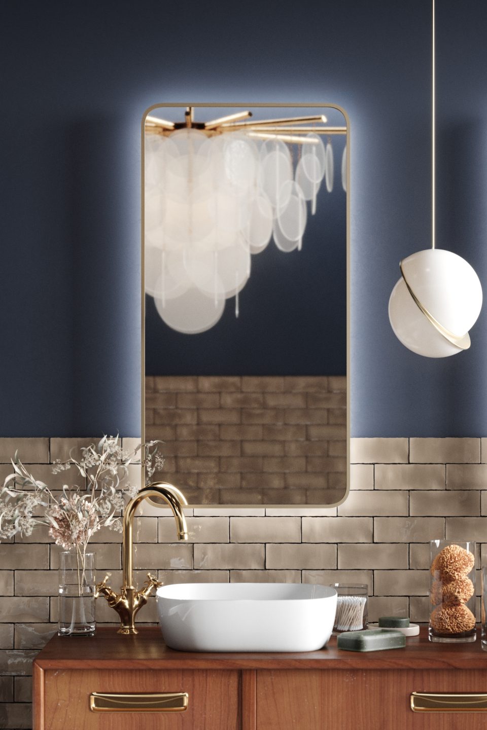 LUSTRO W ZŁOTEJ RAMIE Z ZAOKRĄGLONYMI NAROŻNIKAMI PODŚWIETLANE - DO ŁAZIENKI