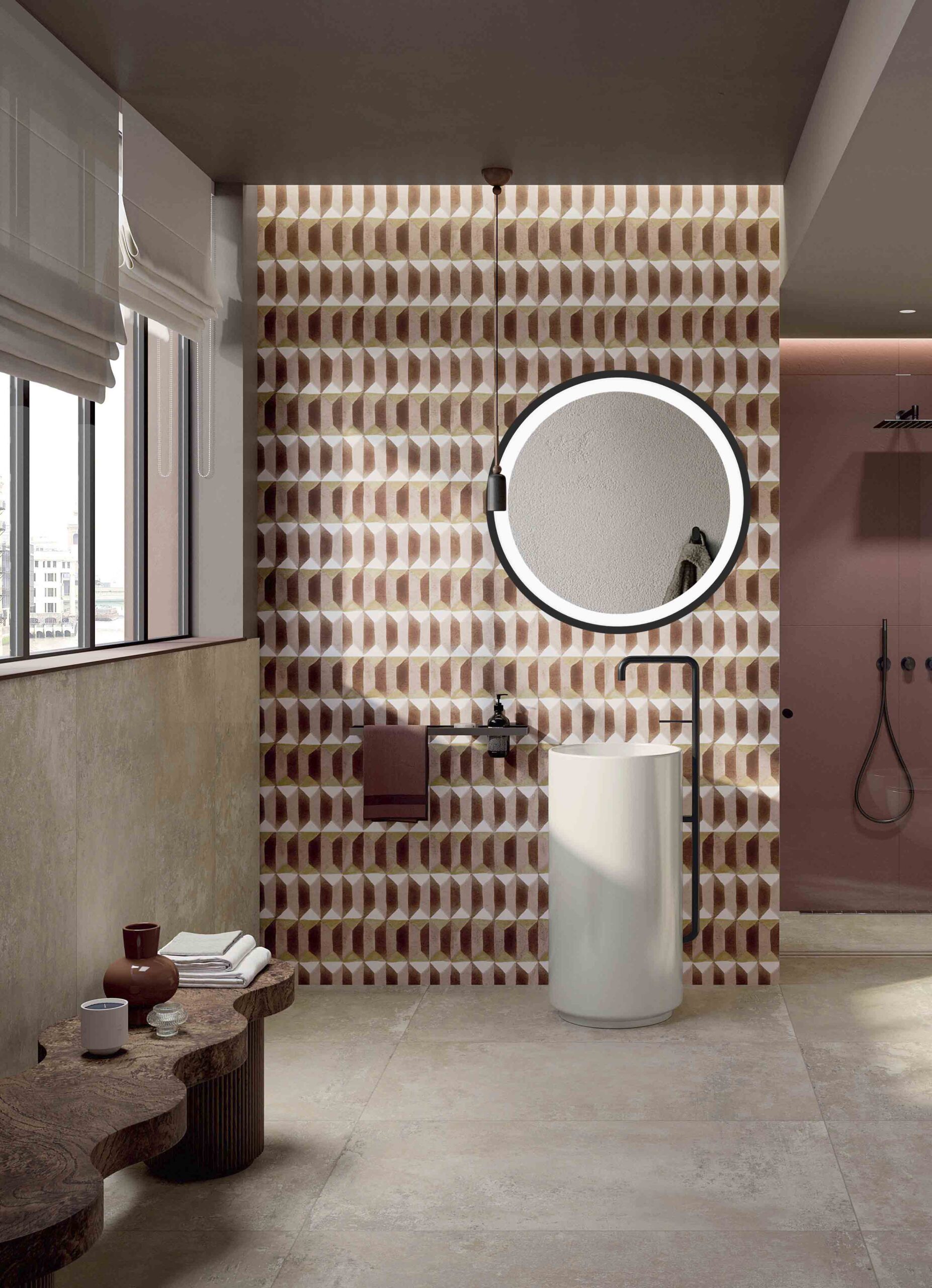 lustro ring w bordowej lazience nad biala wolnostojacoa umywlka