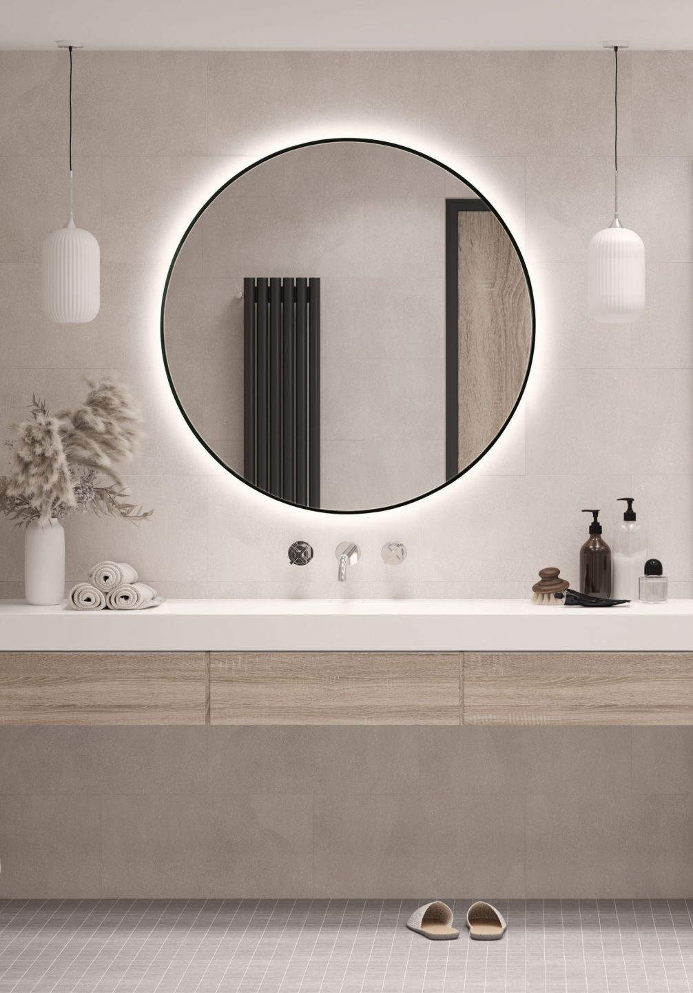 LUSTRO OKRĄGŁE W CZARNEJ WĄSKIEJ RAMIE PODŚWIETLANE