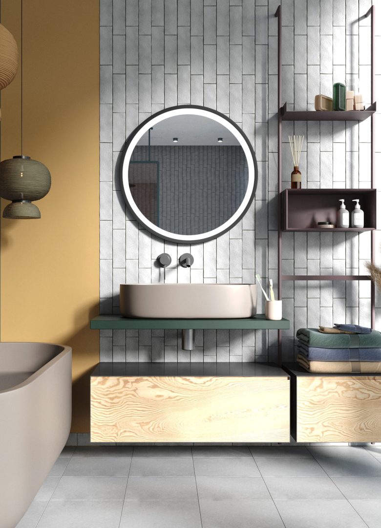 lustro ring okragle w czarnej ramie do makijazu w kolorowej lazience