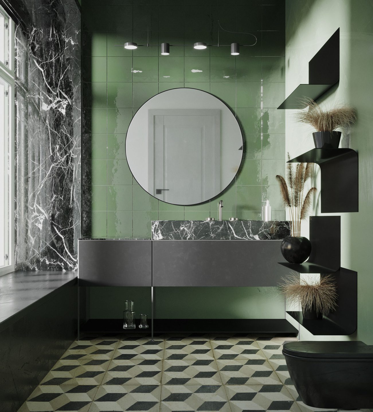 lustro okrągłe w czarnej ramie wąskiej