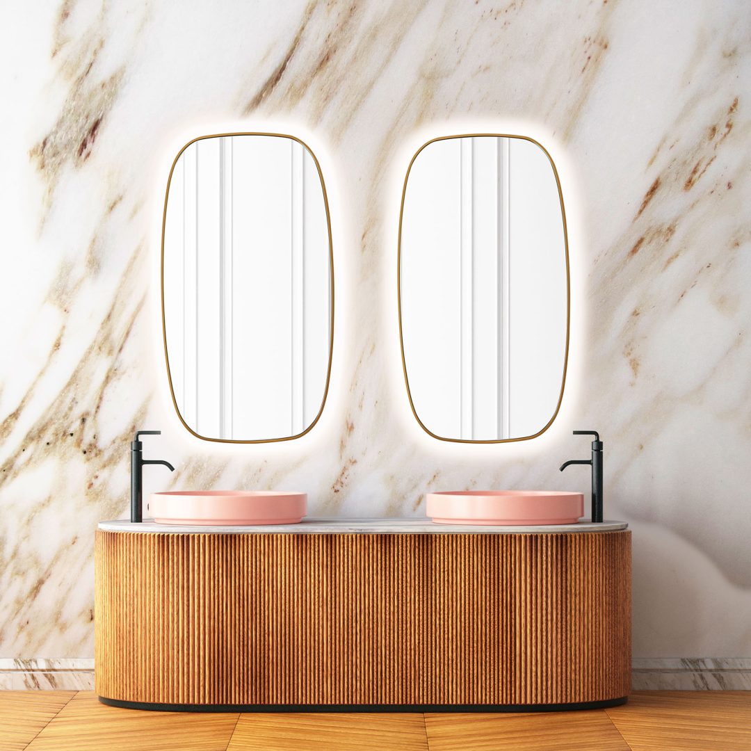 LUSTRO W ZŁOTEJ RAMIE PODŚWIETLANE ŁAZIENKOWE - BARREL