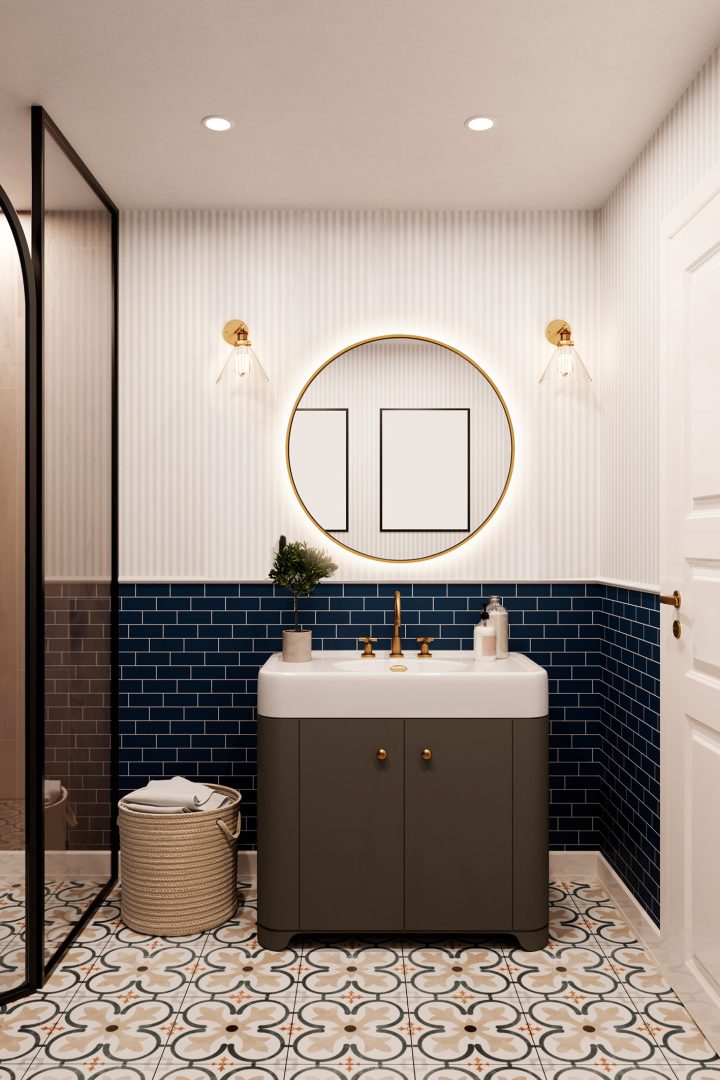 lustro okrągłe w cienkiej złotej ramie podświetlane