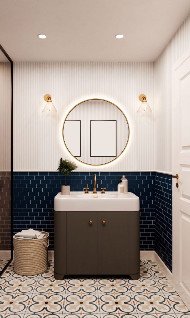 Okrągłe lustro w złotej ramie podświetlane