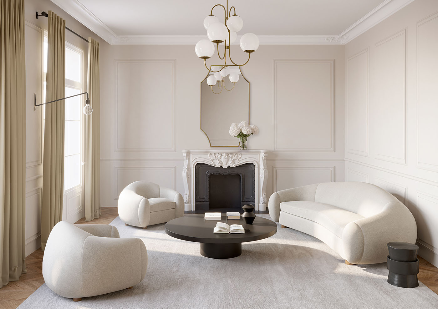 lustro w cienkiej złotej ramie w salonie nad kominkiem