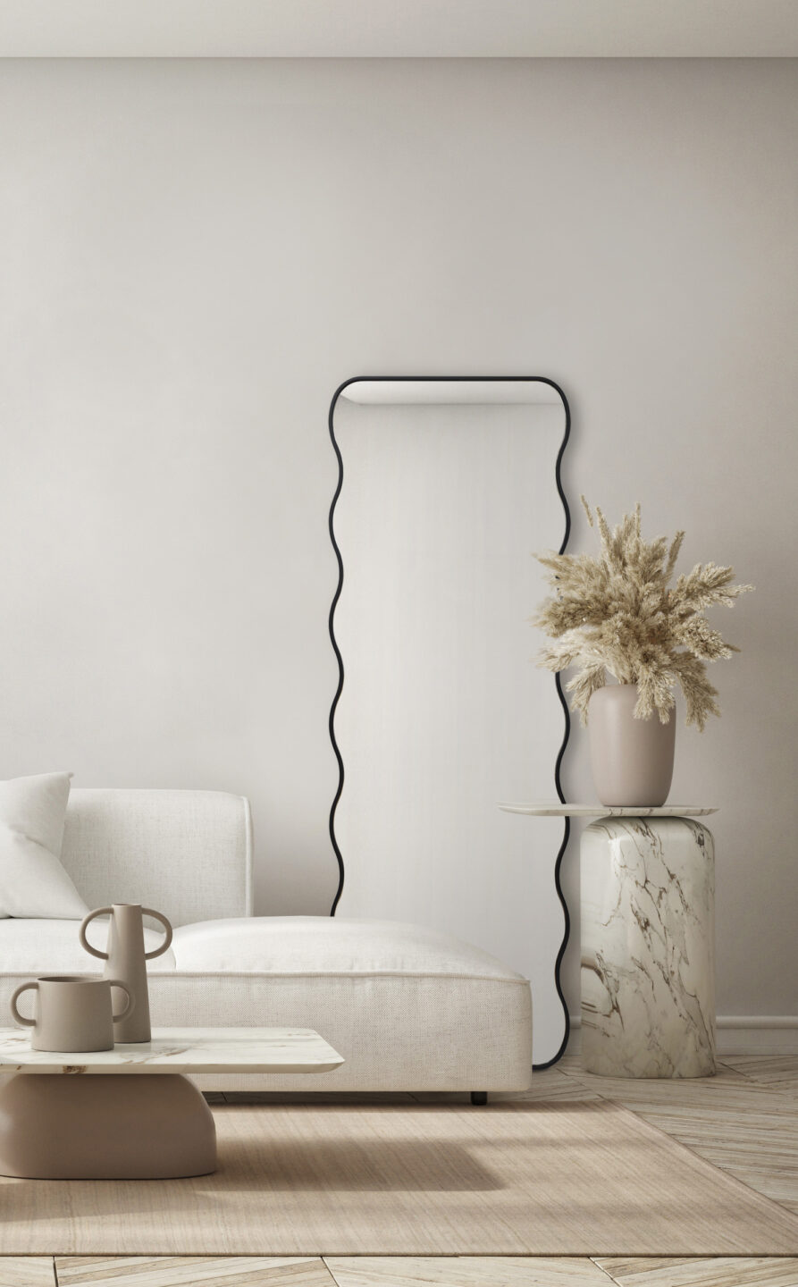 lustro Wavy w czarnej ramie stojące w salonie