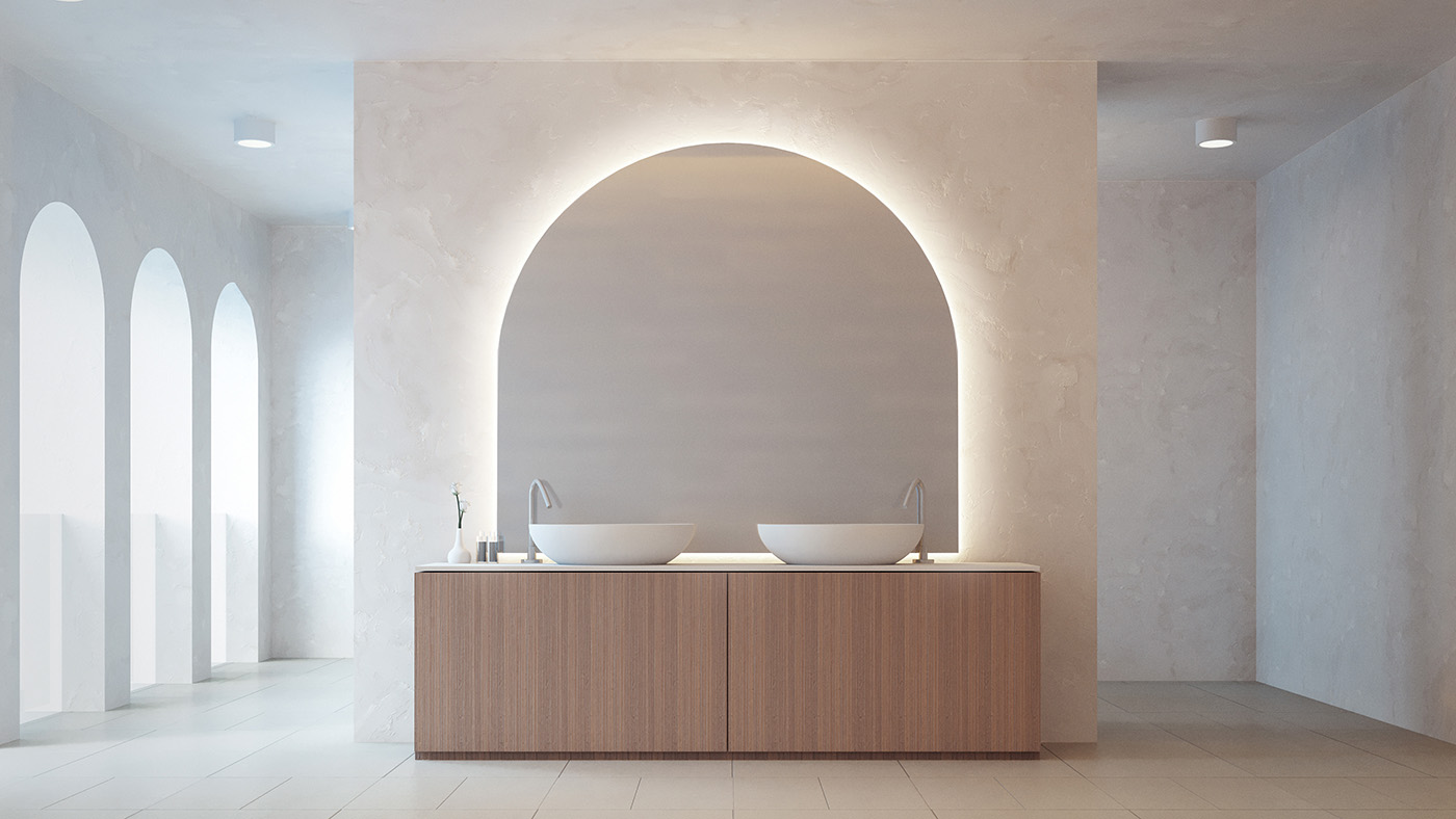 biala lazienka, lukowe lustro, lukowe okna, fornirowana szafka umywalkowa