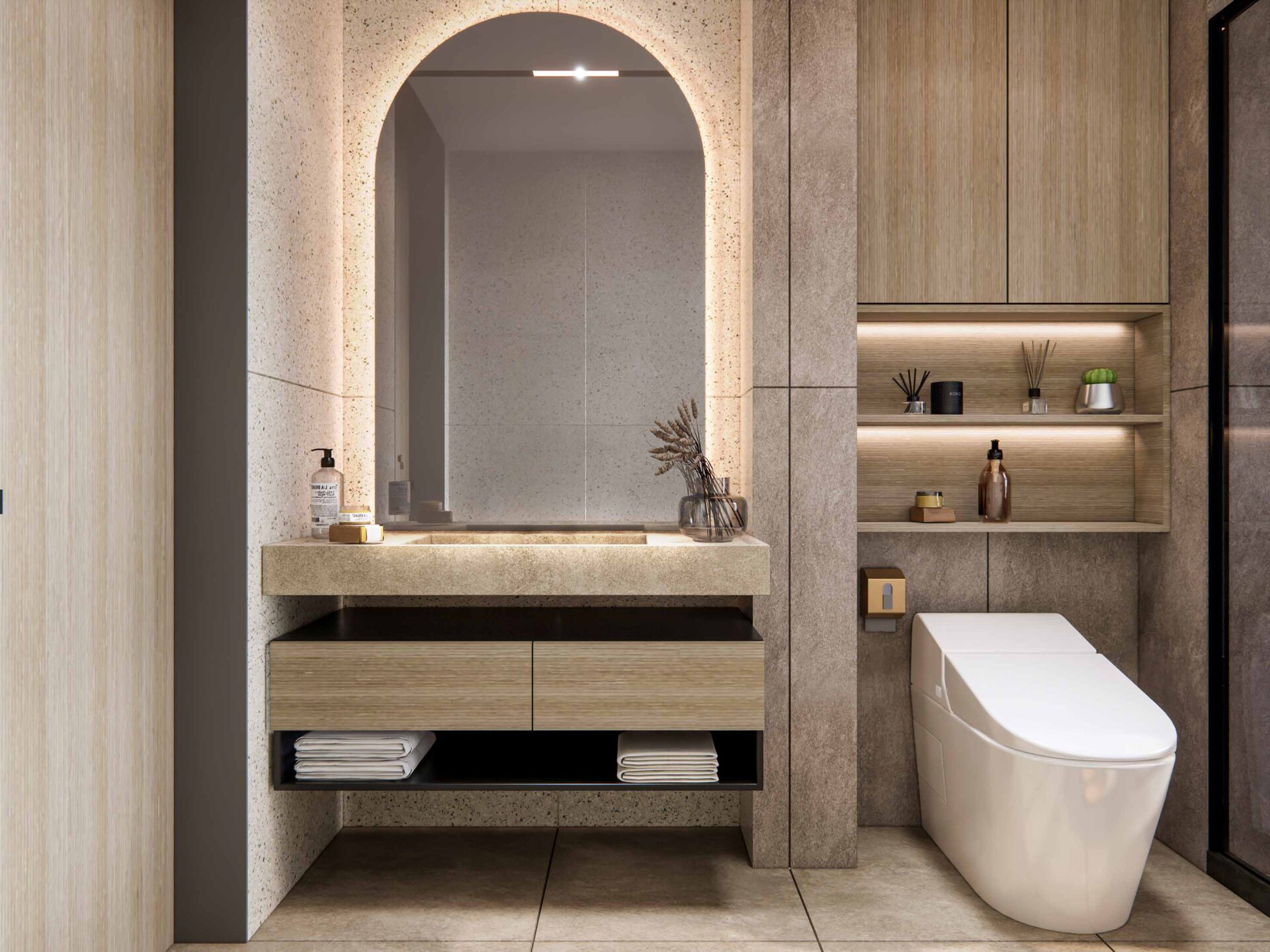 nowoczesna lazienka lastryko lukowe lustro drewniana szafka umywalkowa