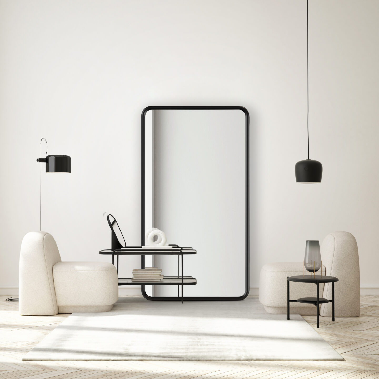 lustro w czarnej ramie oparte o ścianę