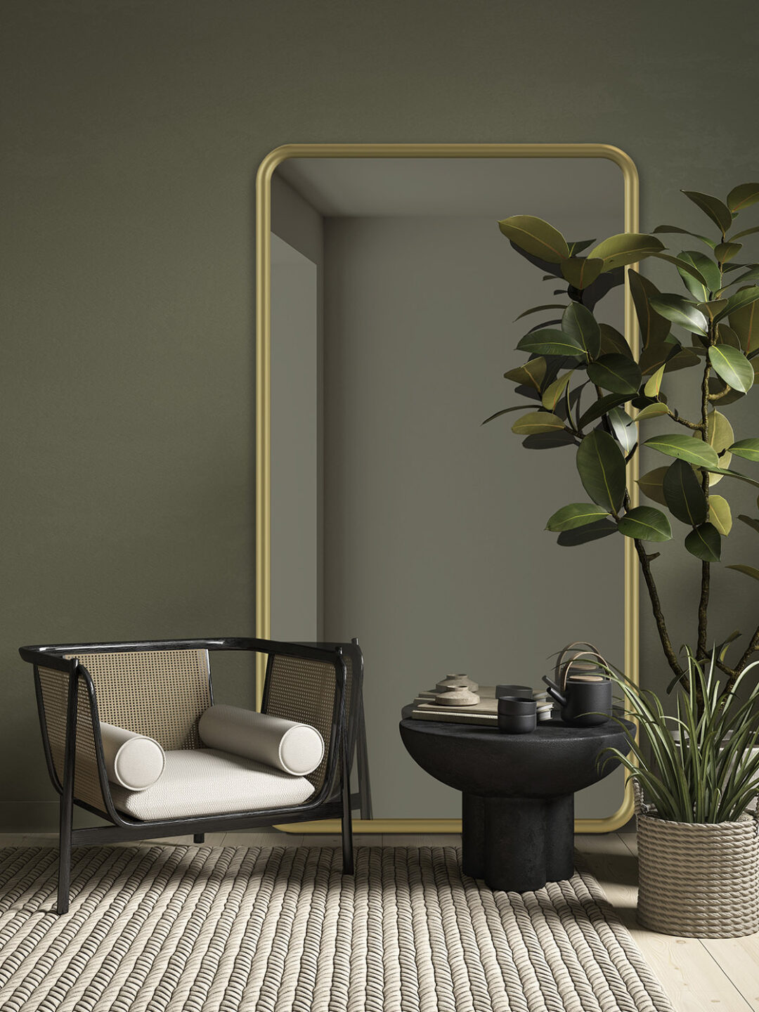 lustro Puffy w złotej ramie we wnętrzu modern retro