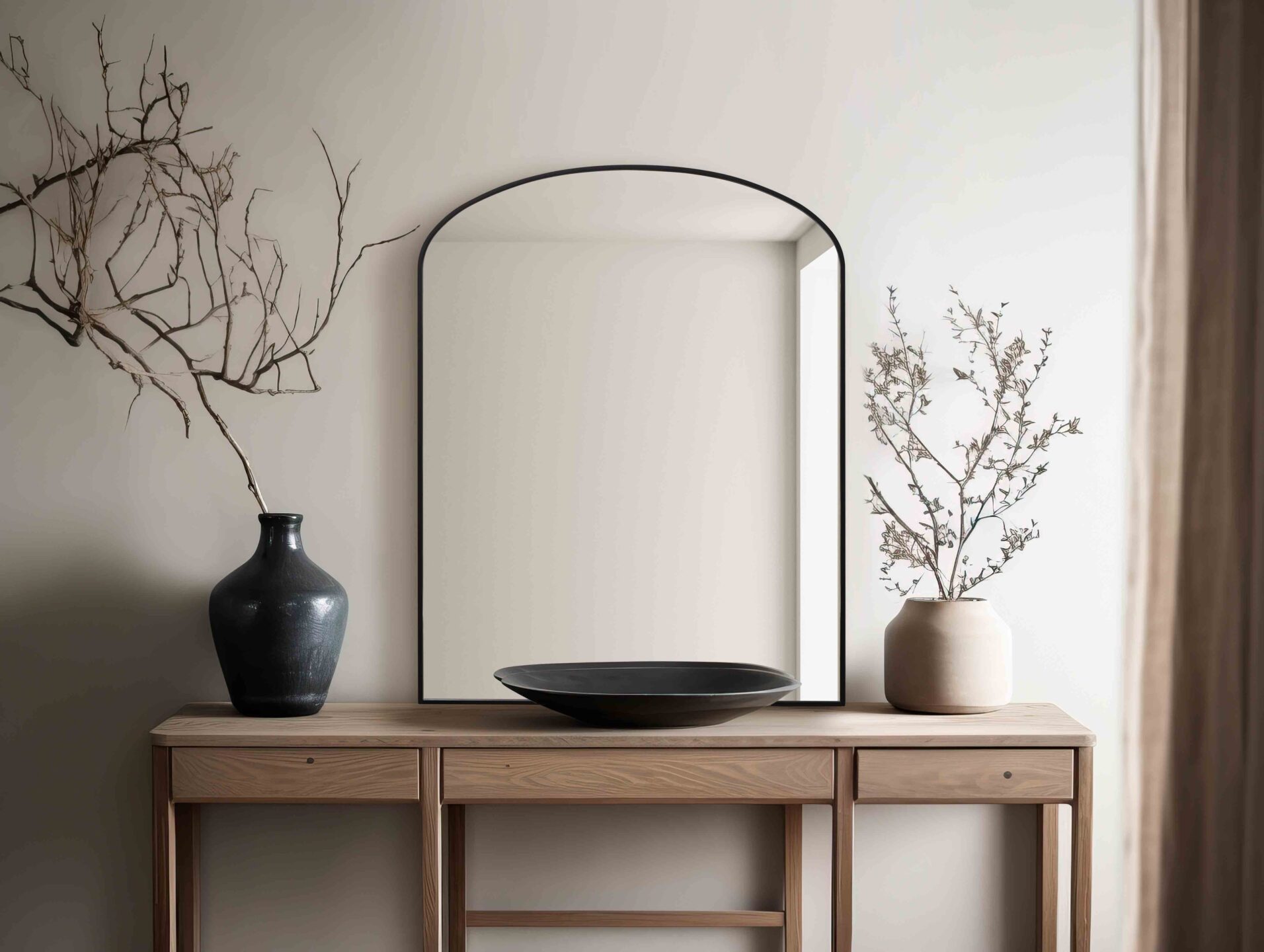 lustro z łukiem w czarnej ramie w jasnym wnętrzu oparte o drewniany stół