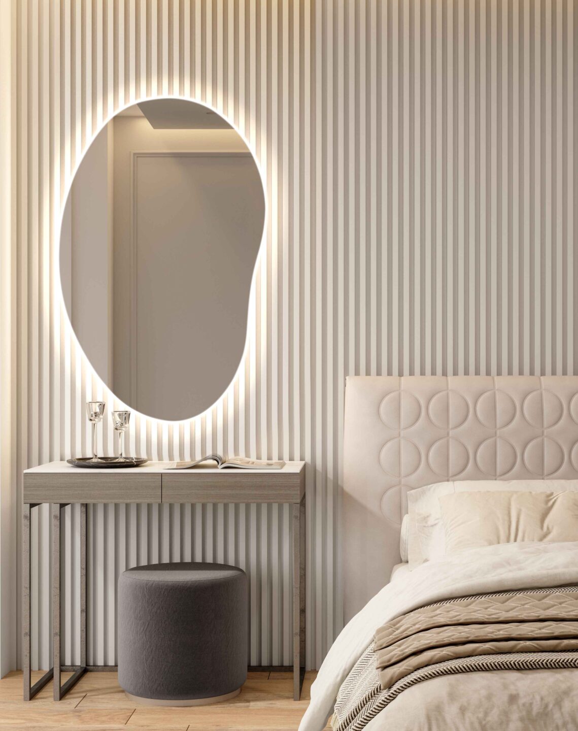 lustro edvard led organiczne podswietlanee nad toaletka w eleganckiej jasnej sypialni