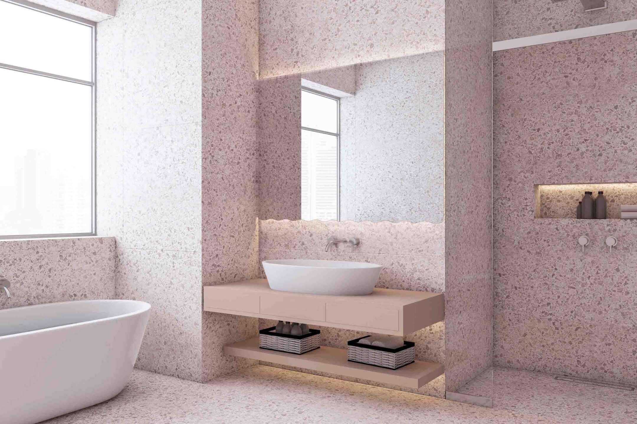 lustro frilly top and bottom w łazience na różowych płytach lastryko