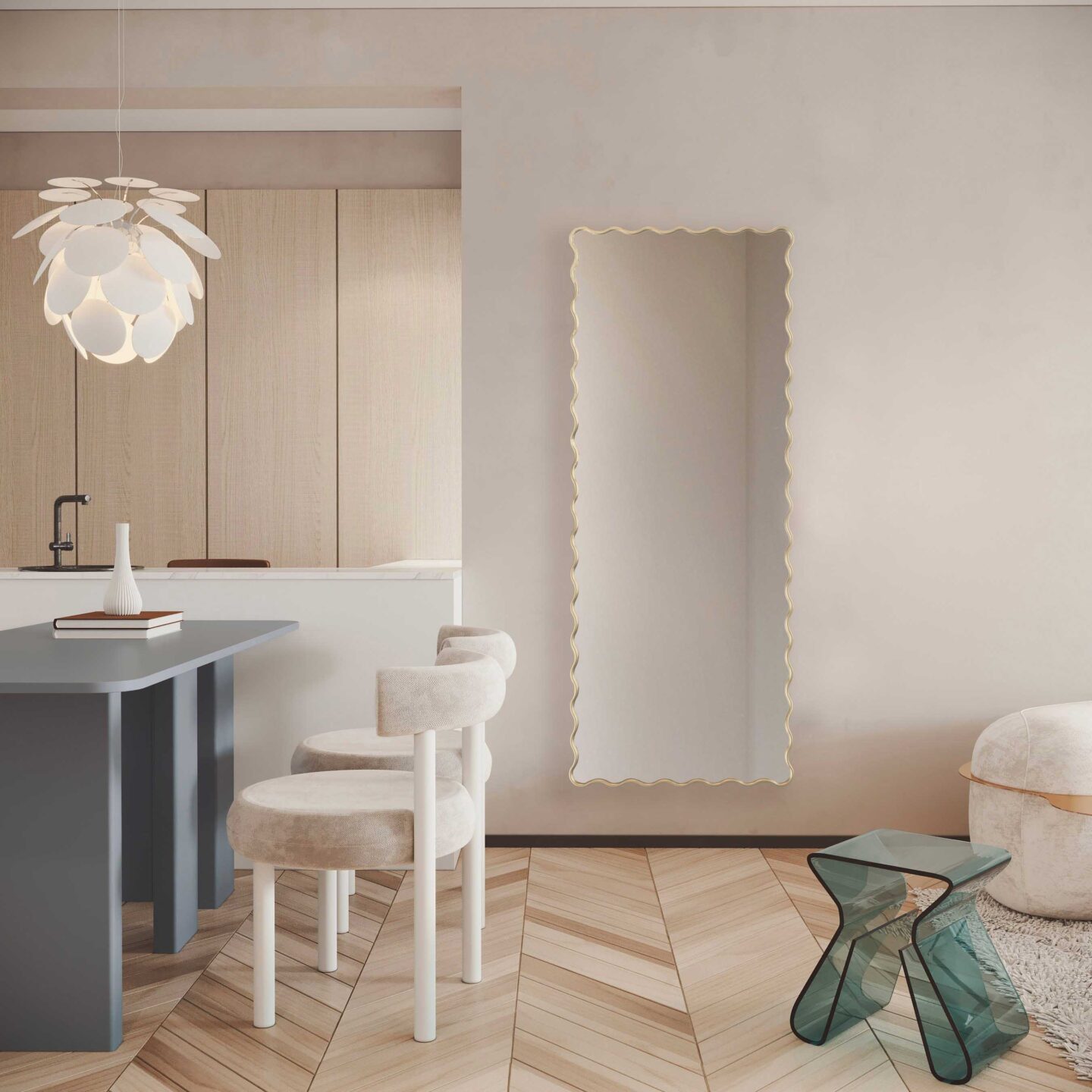 zlote lustro biscuit w salonie