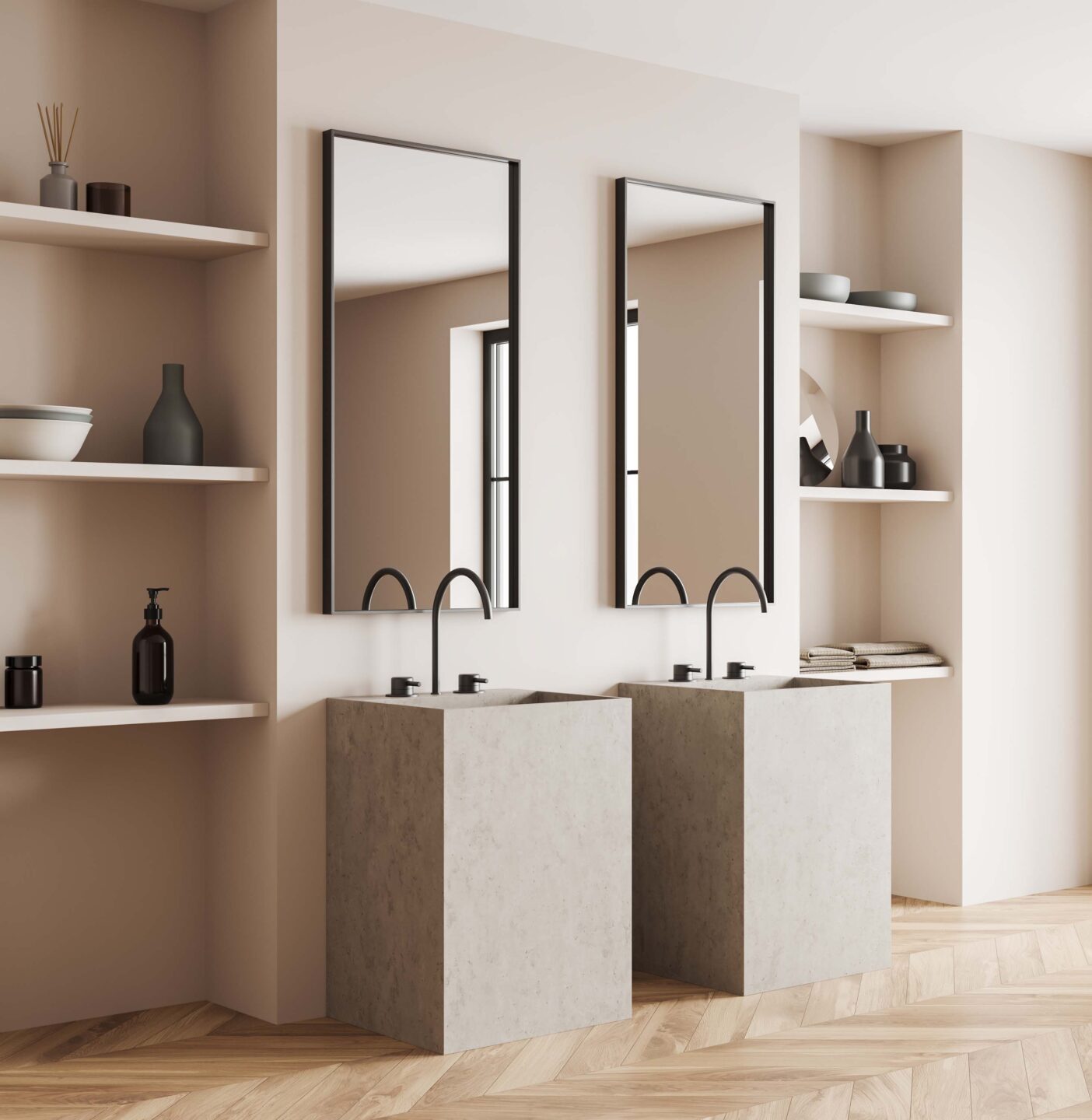 dwa lustra w beżowej łazience nad wolnostojącymi umywalkami