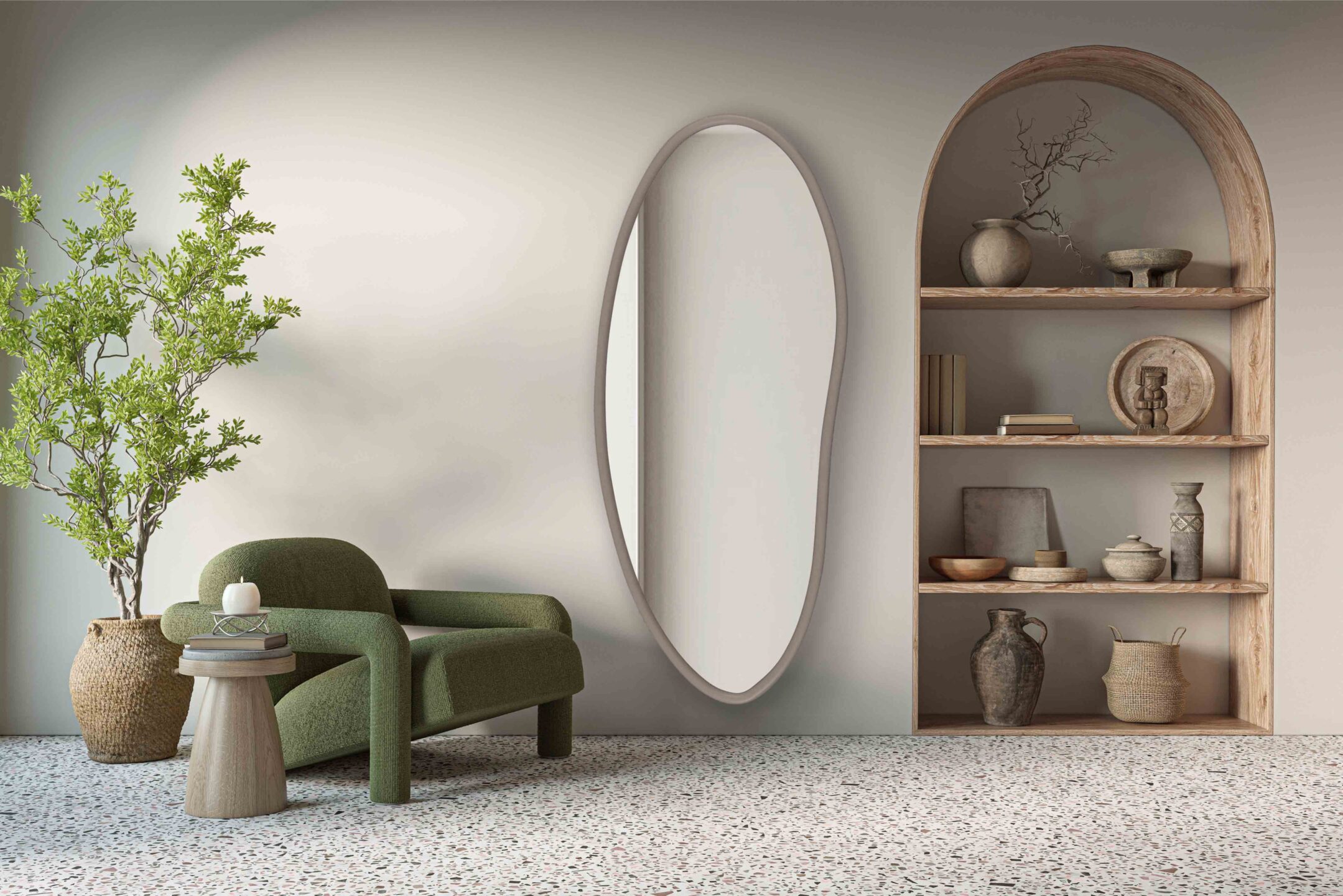 lustro organiczne w beżowej ramie