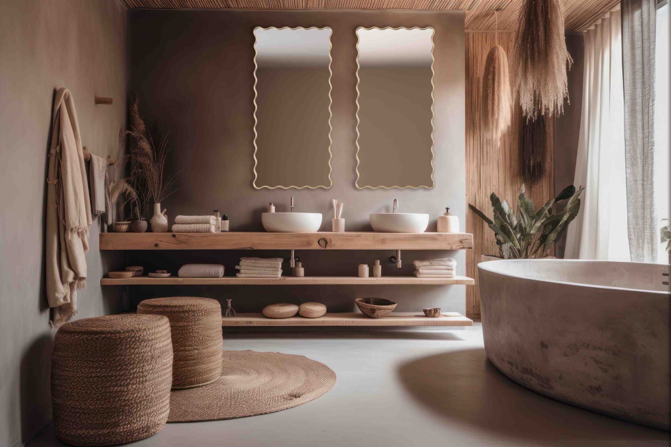 dwa lustra biscuit rectangle framed w bezowej lazience