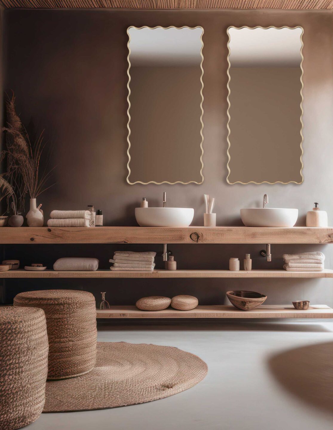 dwa lustra nad umywalka w lazience w stylu modern farmhouse