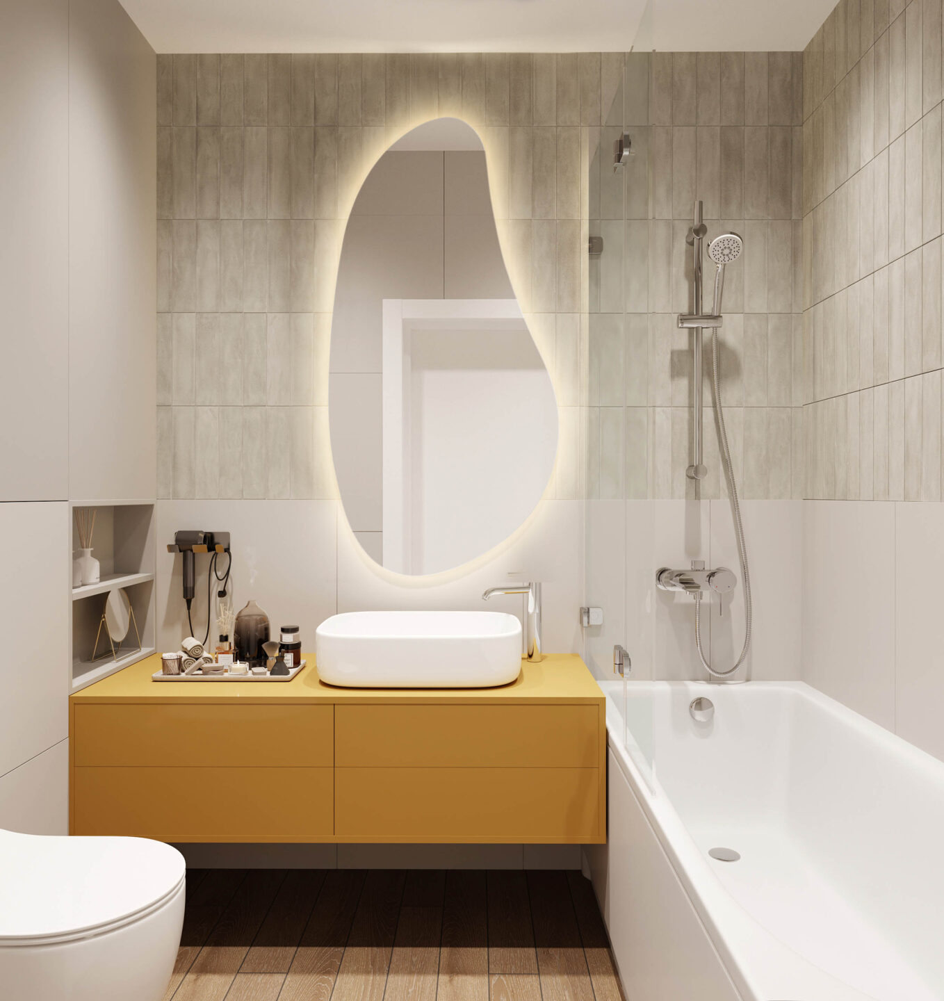 lustro organiczne z podswietleniem w lazience nad zolta umywalka