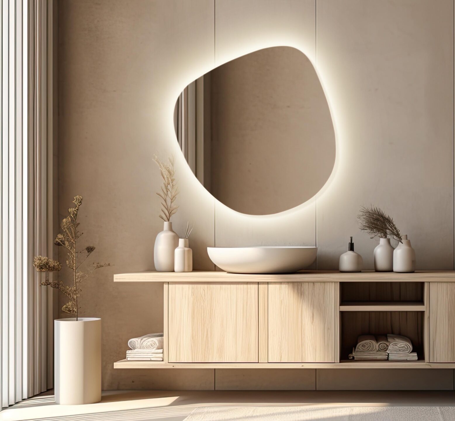 nieregularne lustro z podswietleniem w kształcie zlamanego kola w bezowej lazience