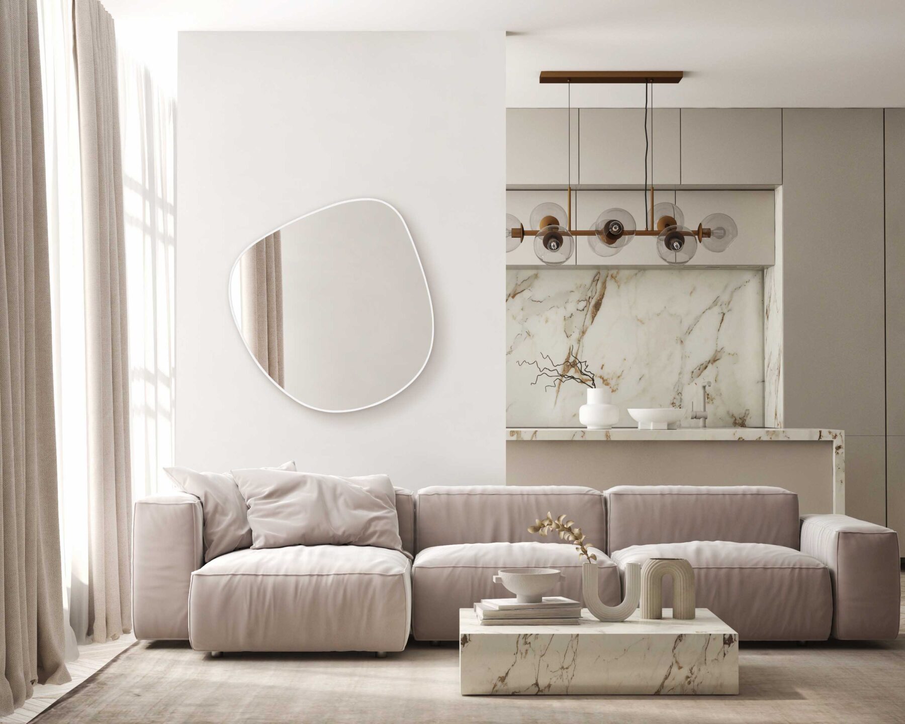 lustro organiczne buli na scianie w bezowym salonie nad rozowa sofa