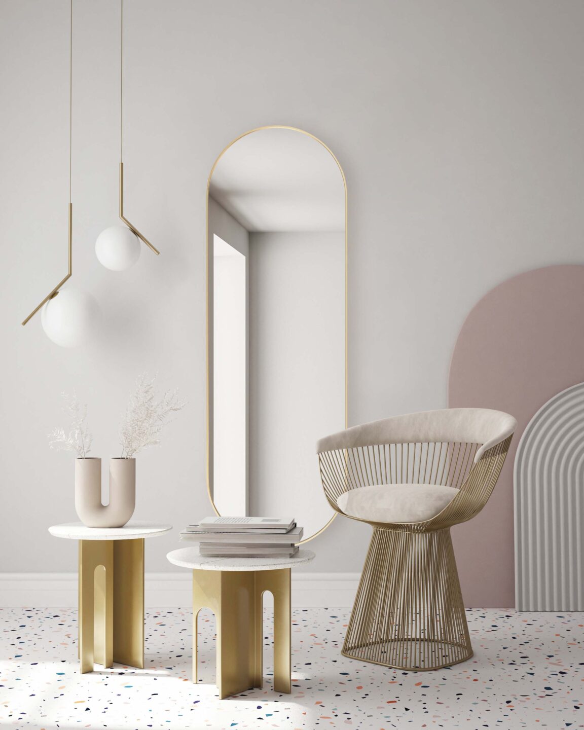 lustro owalne w złotej ramie w pastelowym przedpokoju