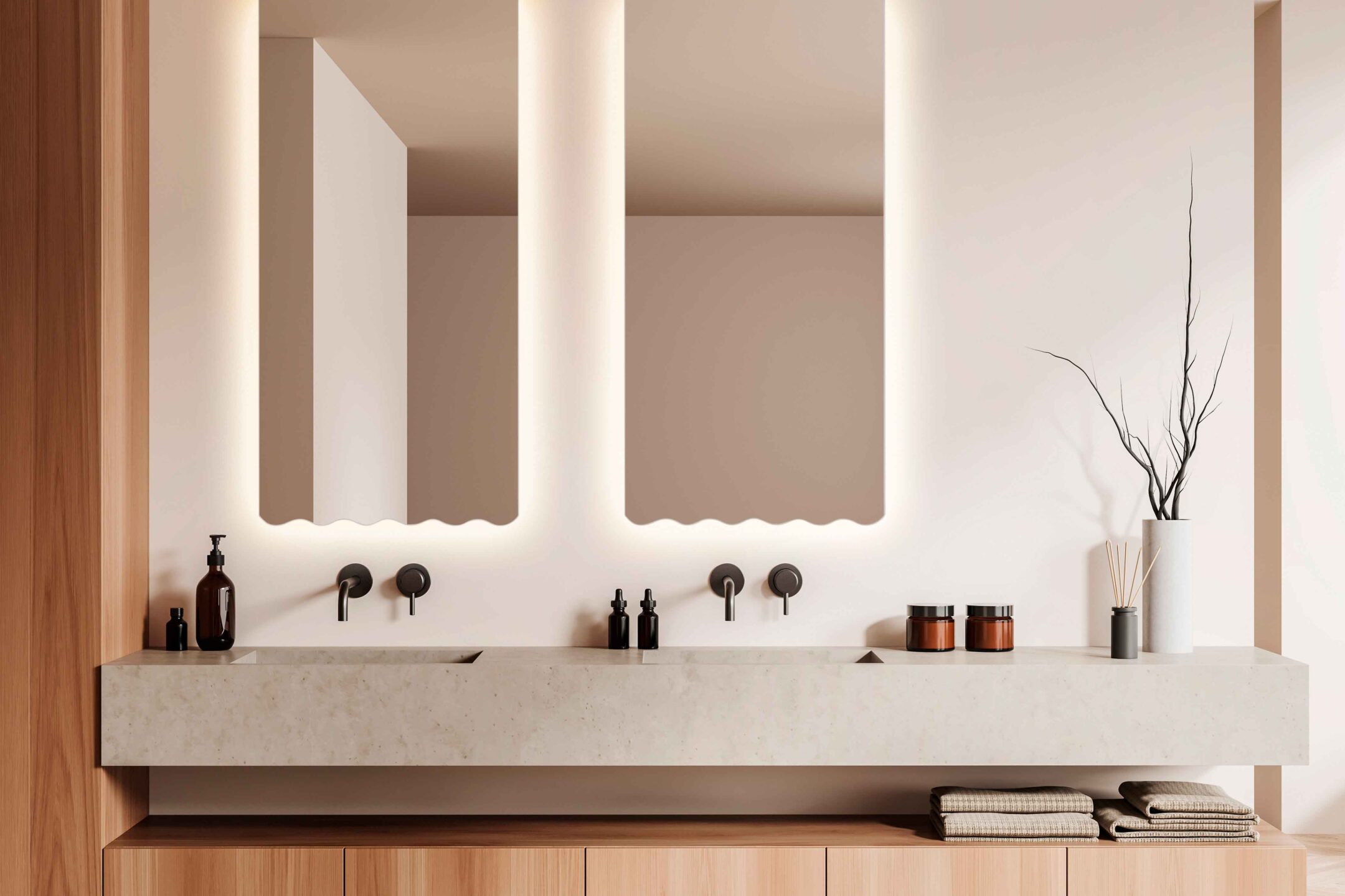 dwa lustra frilly led ceiling nad umywalka z kamienia