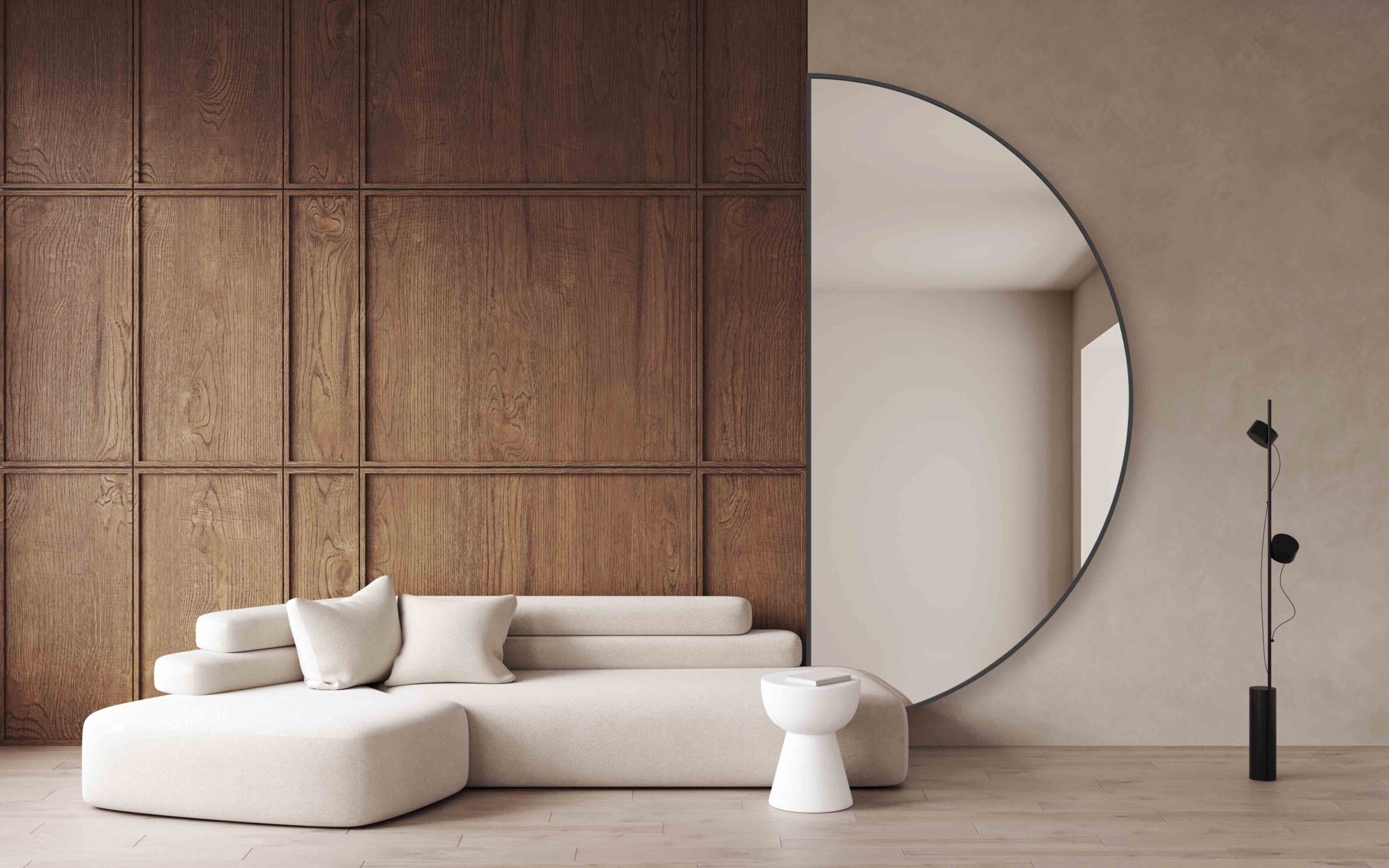 lustro moonlight polowa kola w czarnej ramie w bezowym salonie obok jasnej sofy