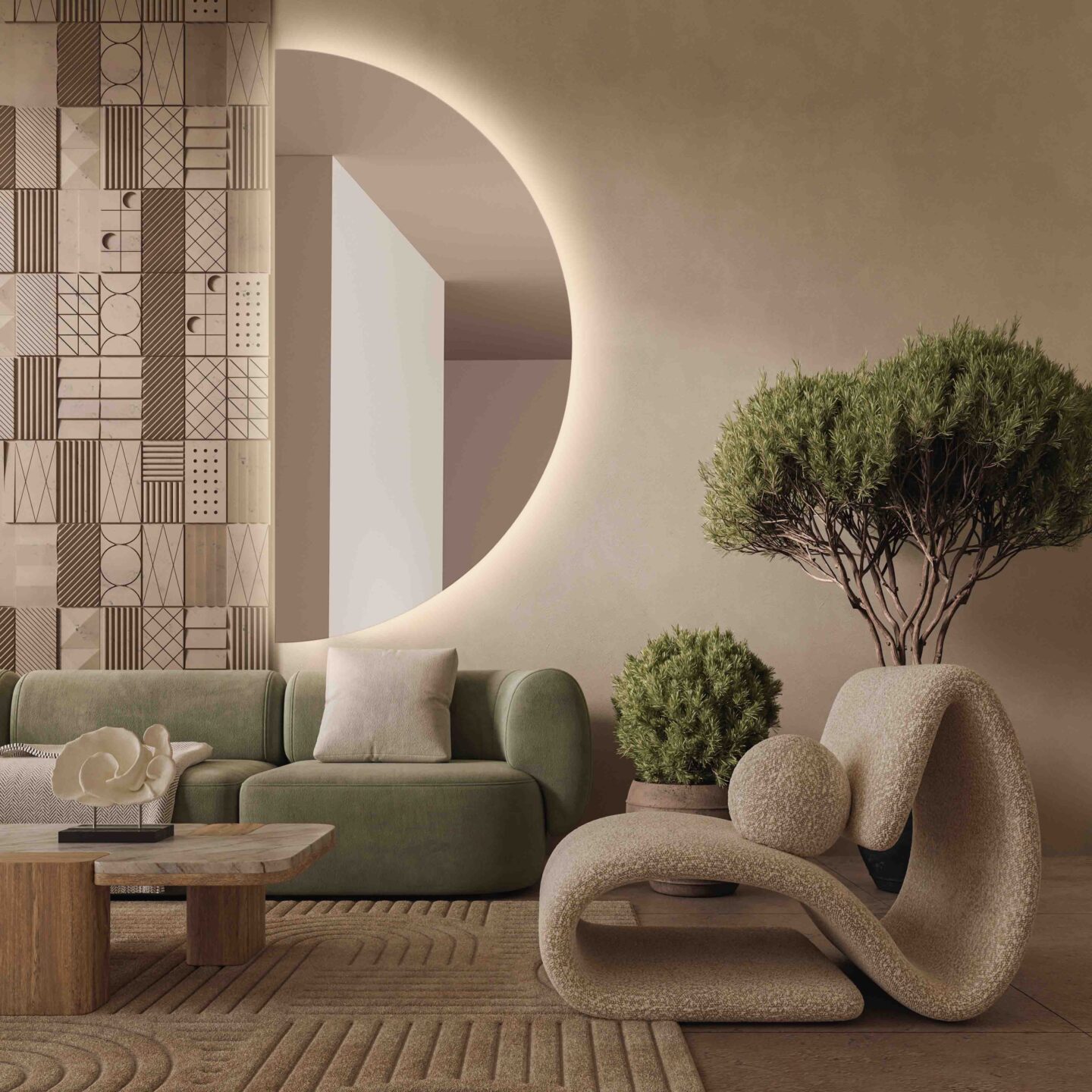 lustro podswietlane moonlight w bezowym salonie nad zielona kanapa