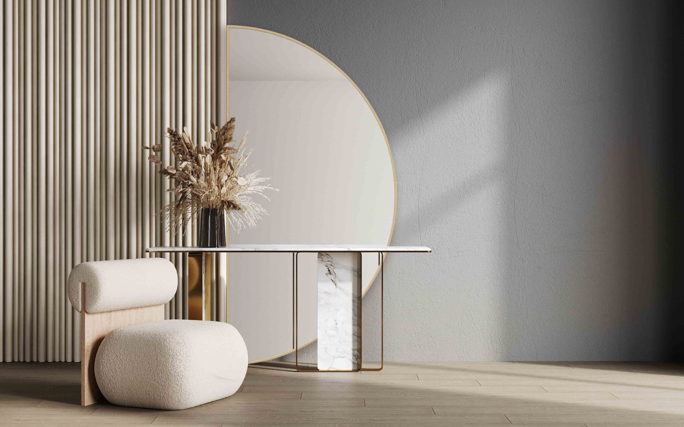 lustro polokragle moonlight w zlotej ramie na szarej scianie przy eleganckiej kamiennej konsoli