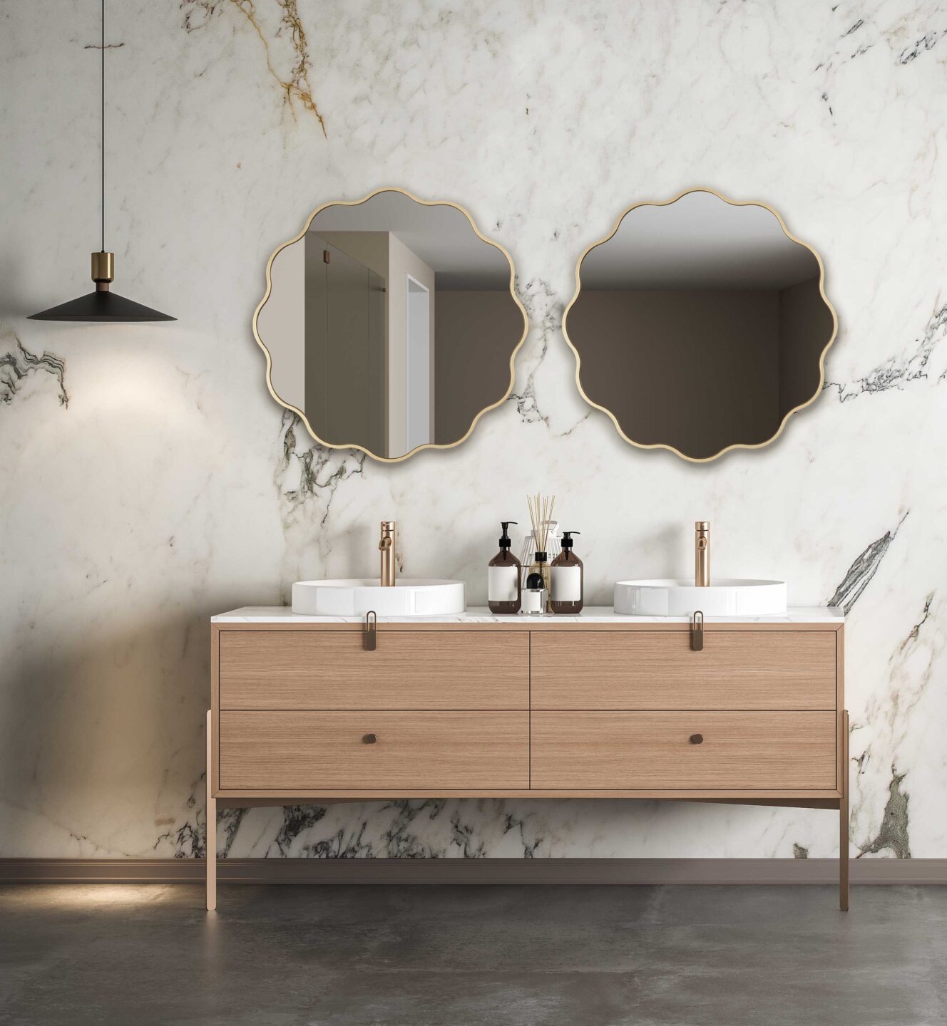 dwa lustra ribbon w lazience na scianie z marmuru