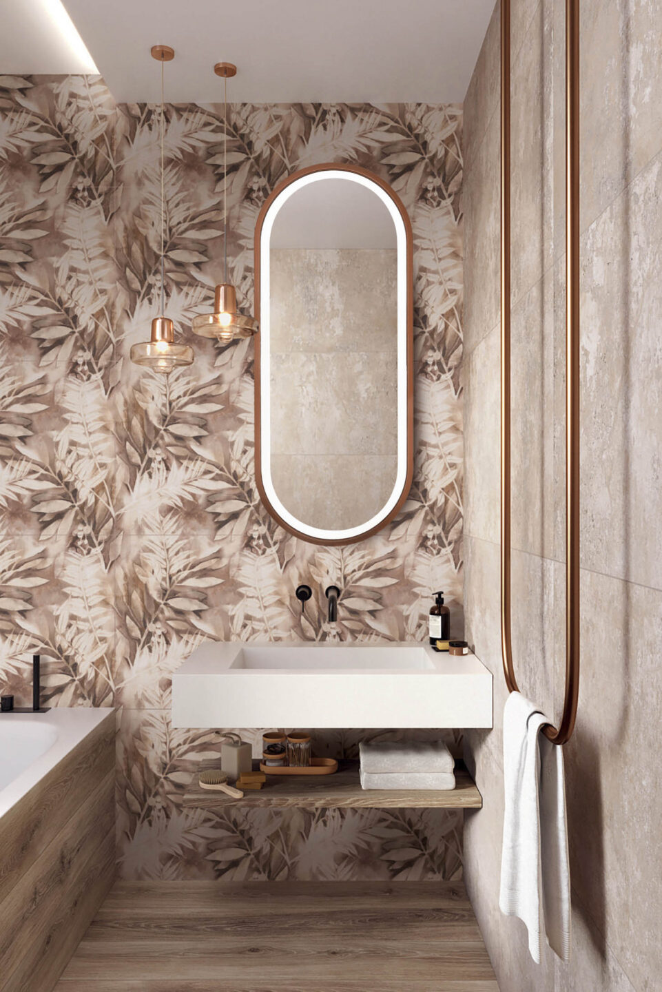 lustro owalne w miedzianej ramie w lazience nad umywalka