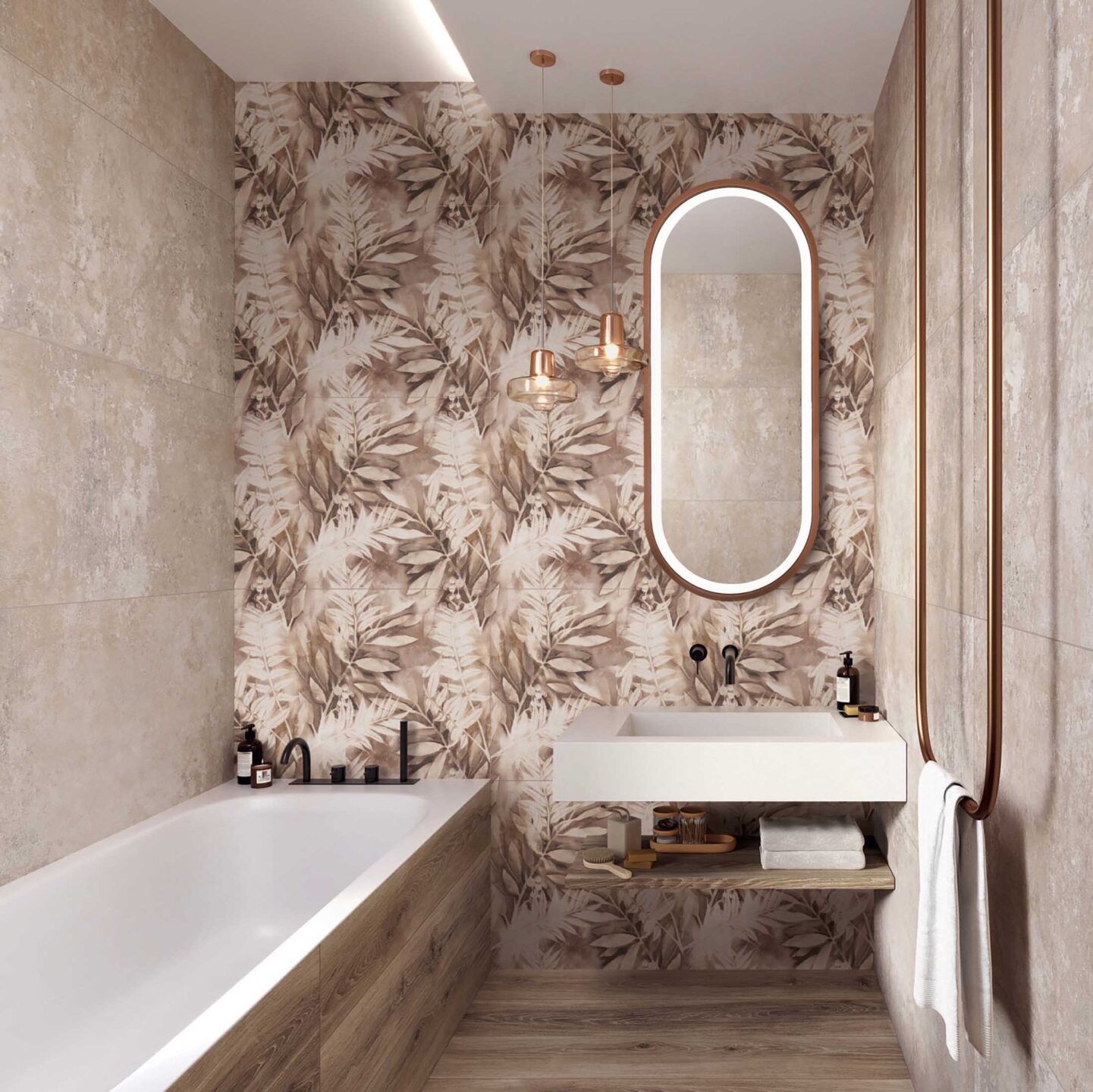 lustro kapsulowe w miedzianej ramie w lazience na scianie z tapeta w kwiaty