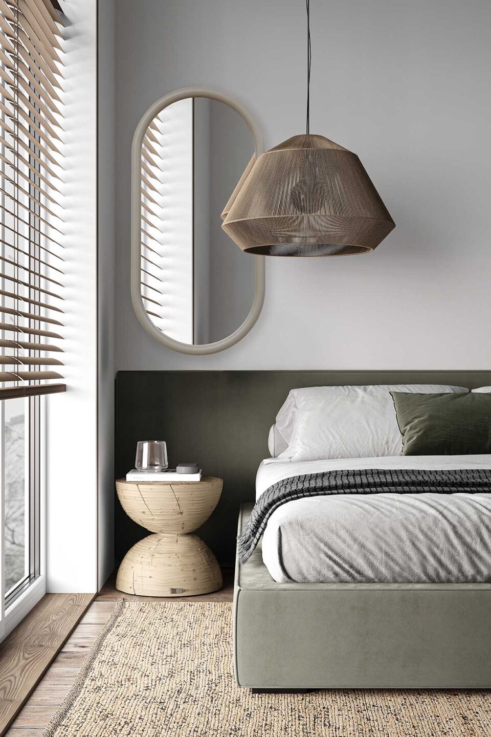 lustro puffy w piaskowej ramie nad zielonym zaglowkiem w sypialni