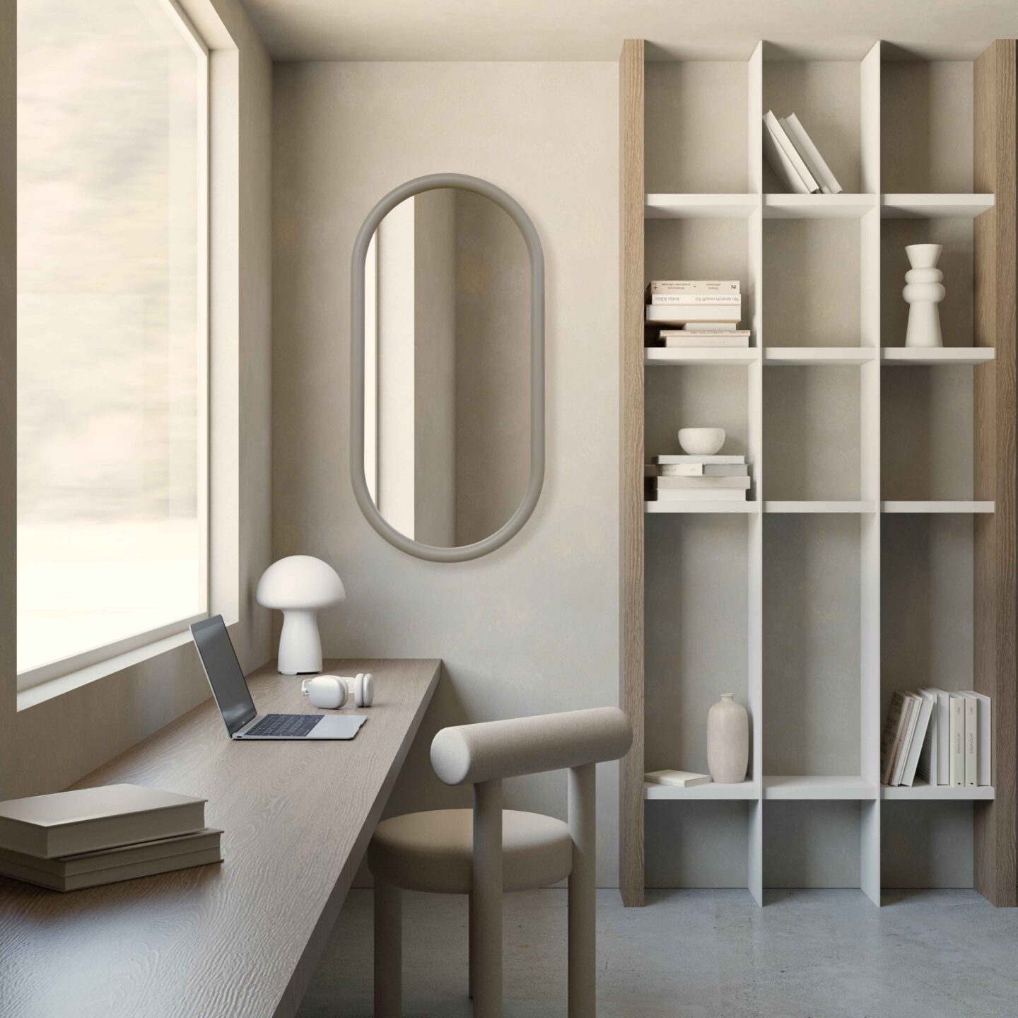 lustro puffy w bezowej ramie w gabinecie w stylu japandi