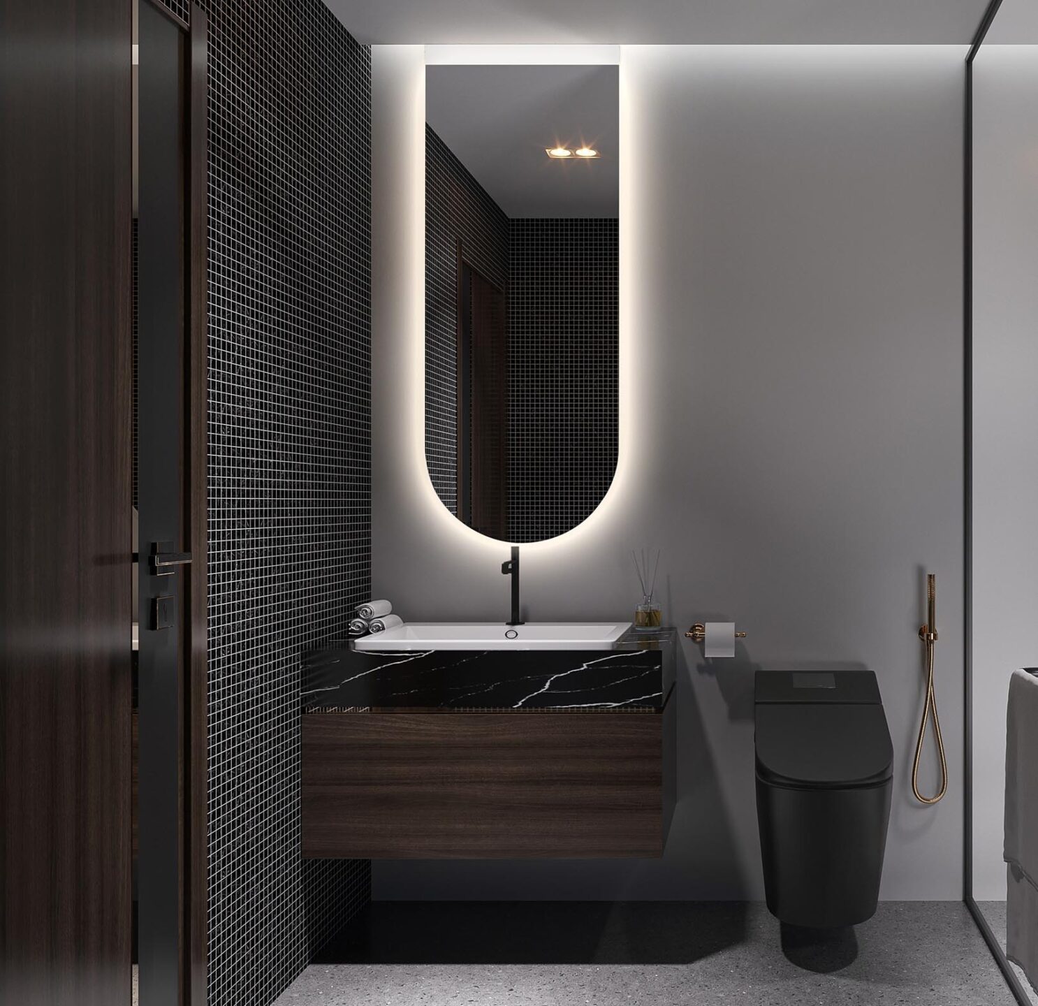 lustro podsiwetlane nad umywalka z powieszone lukiem do dolu w ciemnej lazience