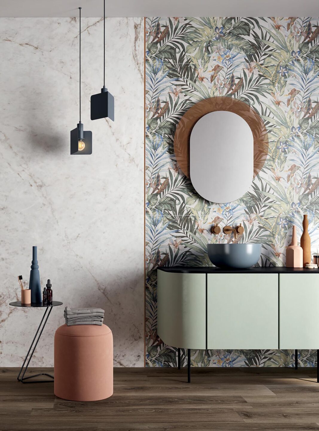 lustro owalne z aureola z brazowego decormatu w lazience na scianie z tapeta w kwiaty