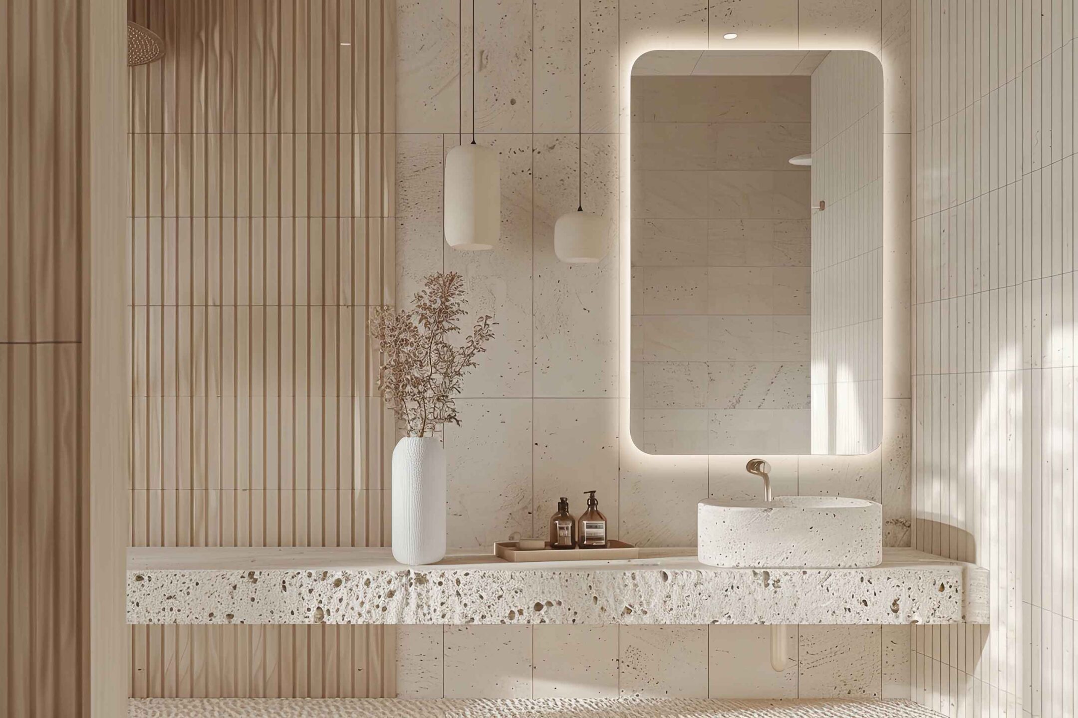 lustro z zaoblonymi rogami z podswietleniem w bezowej lazience