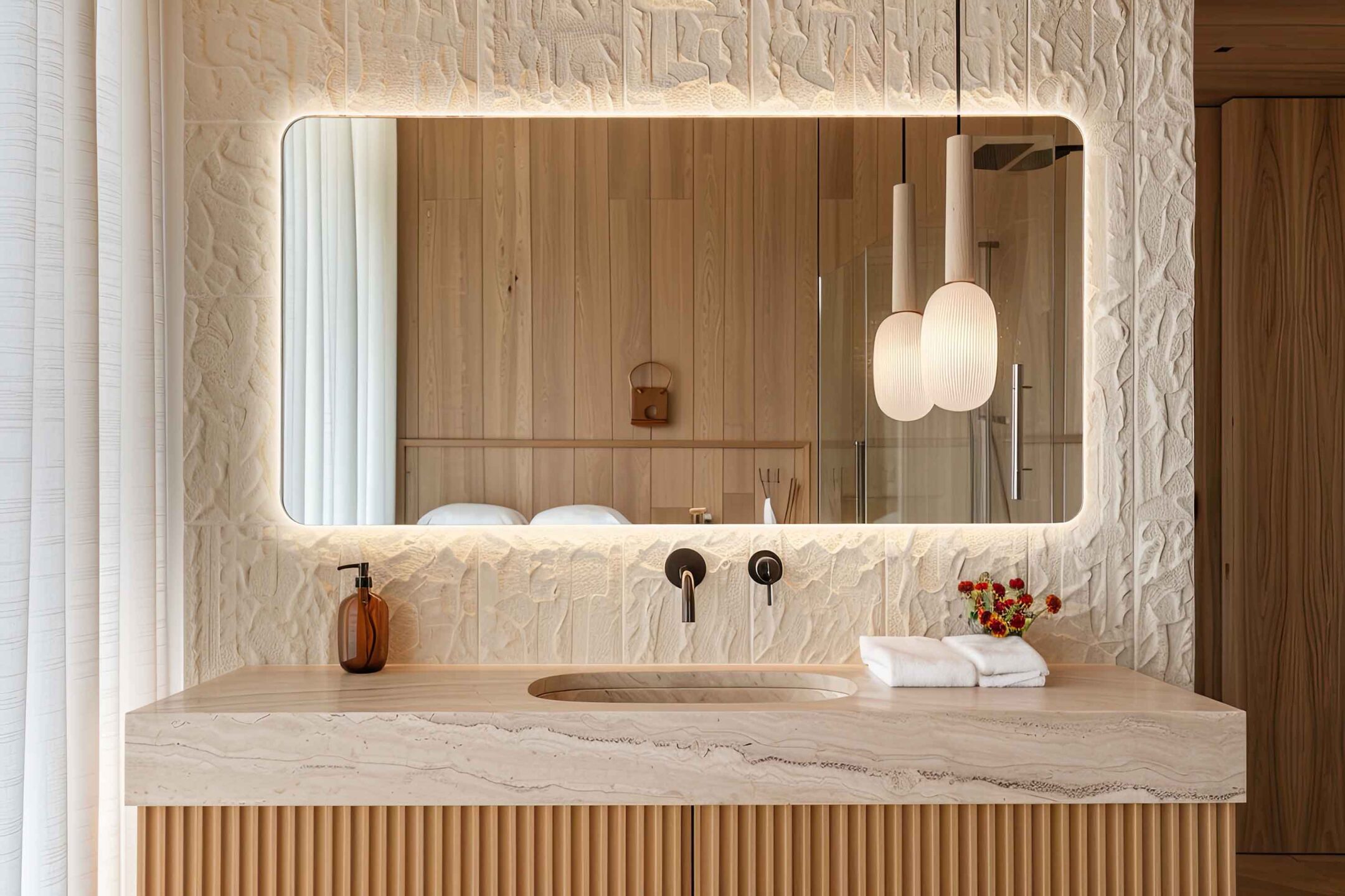 lustro podswietlane z zaokraglonymi rogami w lazience japandi nad umywalka z kamienia