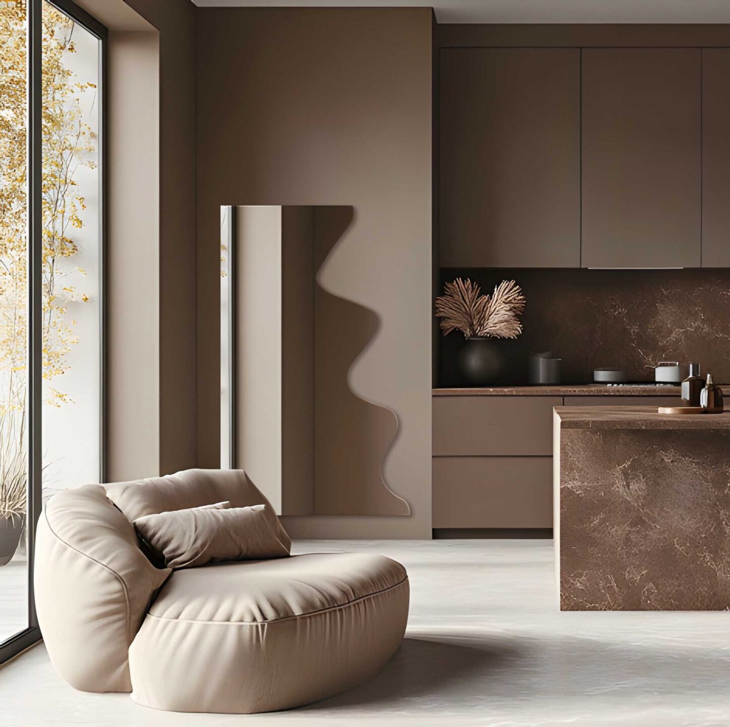 pofalowane lustro b w salonie w kolorze jasny braz