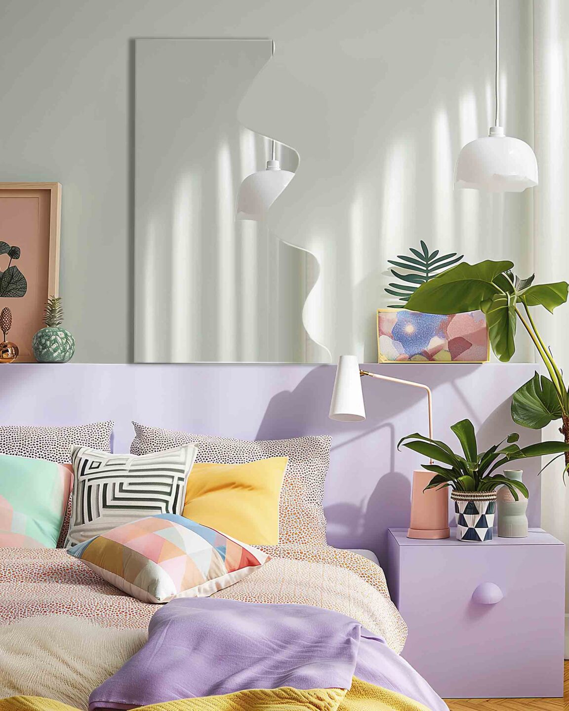 lustro w ksztalcie litery b na mietowej scianie w sypialni