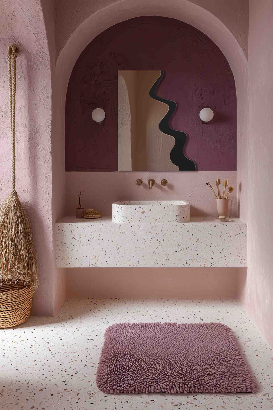 lustro w ksztalcie litery b w czarnej ramie we fioletowej lazience